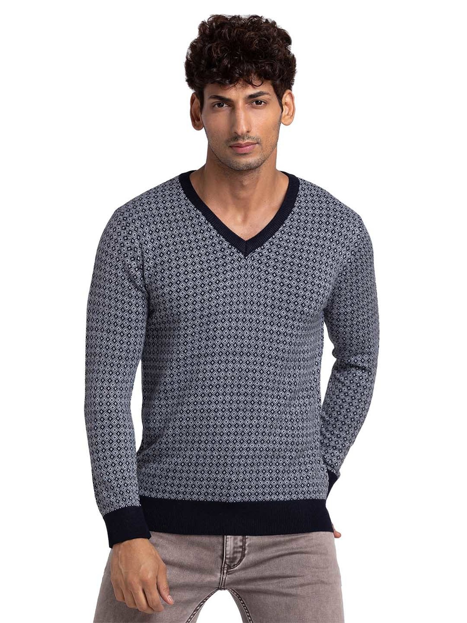 Parx Dark Blue Regular Fit Self Design Sweater