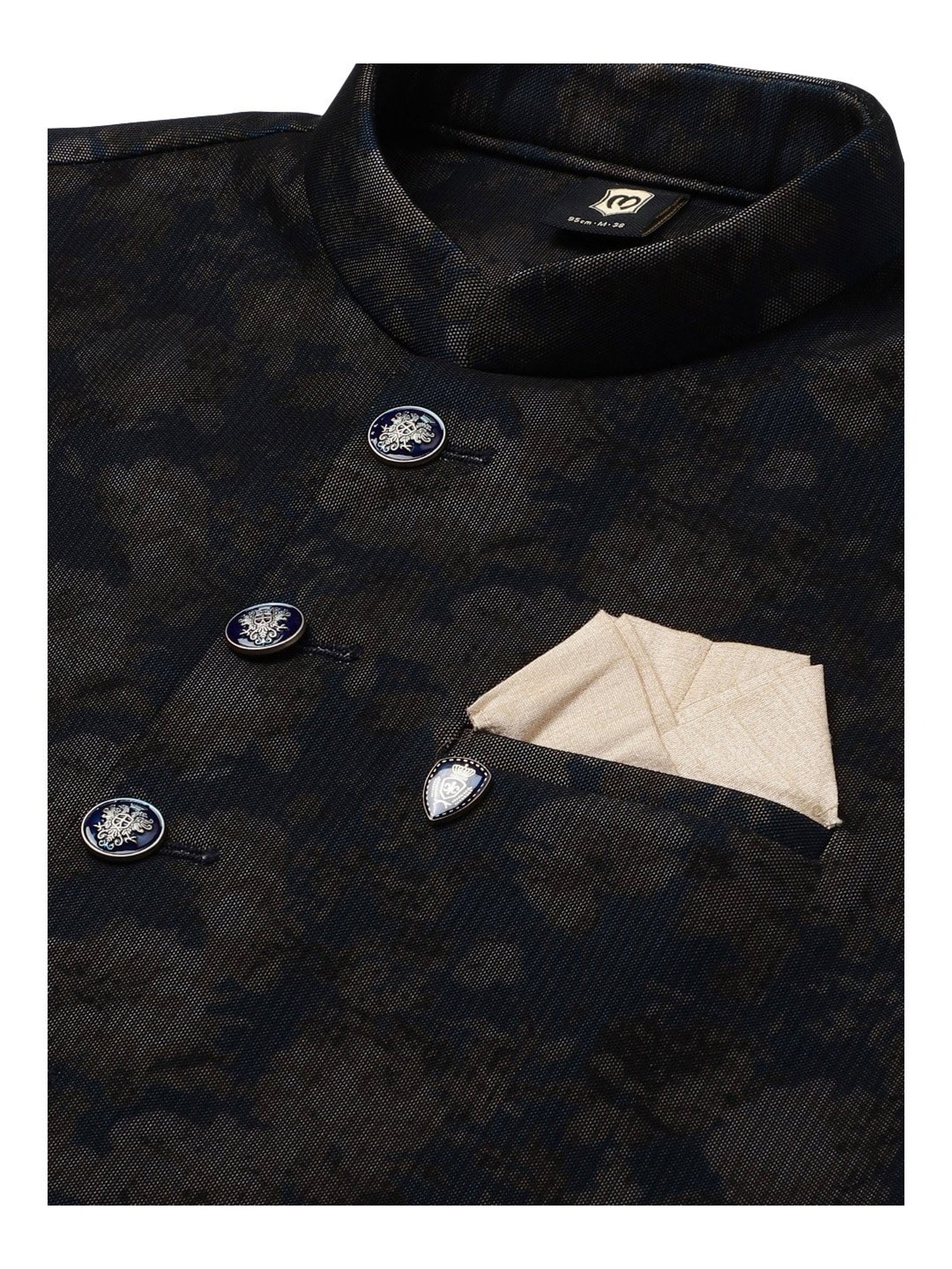Manyavar Navy Regular Fit Floral Print Nehru Jacket