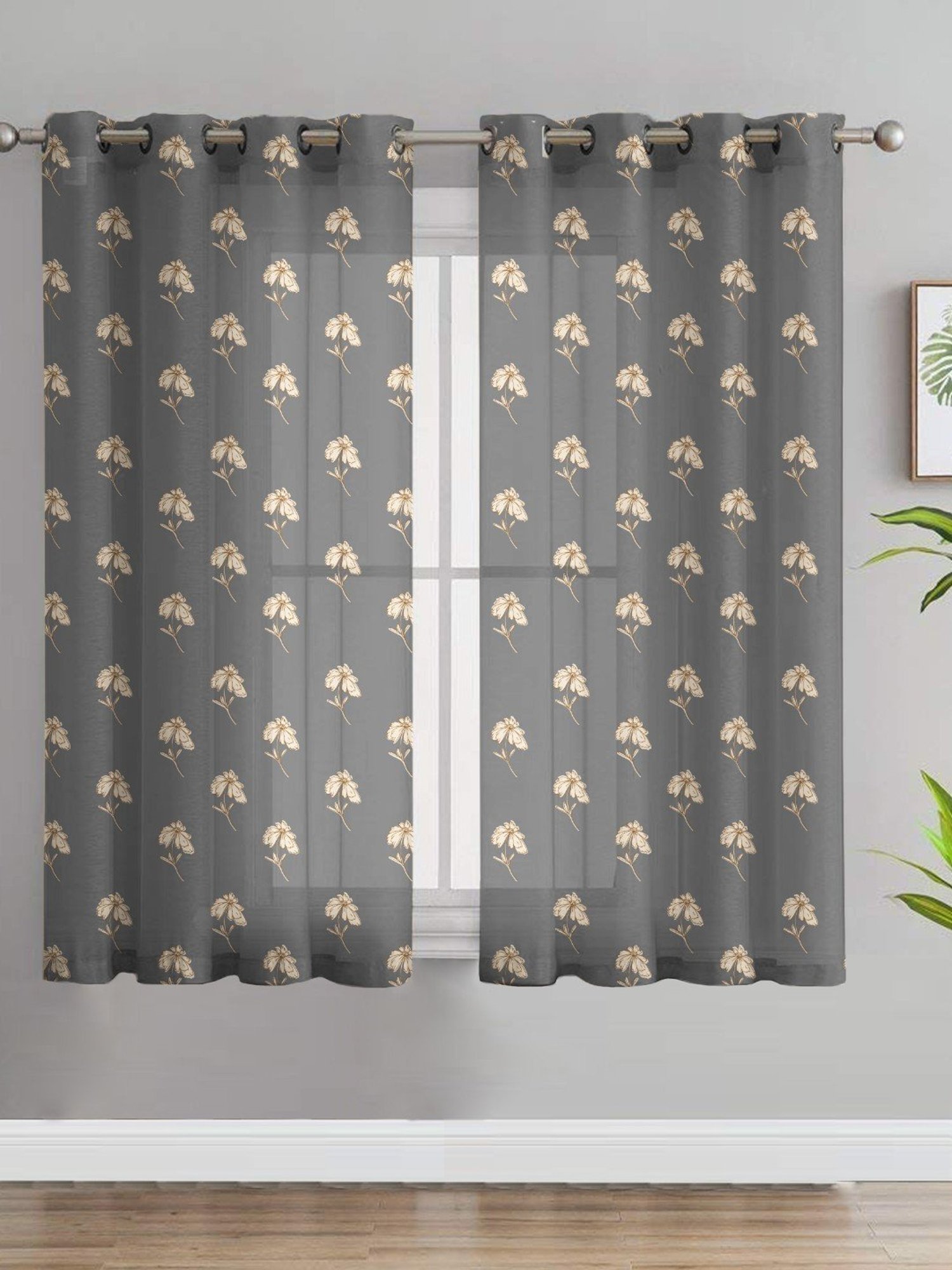 SPACES DRAPE STORY Boho Floral Grey Polyester 5 ft Sheer Window Curtains - Set of 2