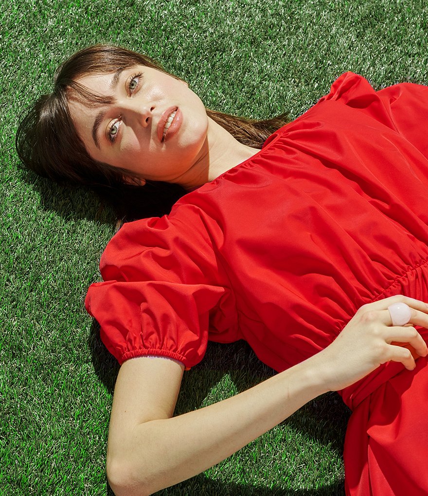 LDT Connie Front Tie Short Sleeve Blouson Midi Dress