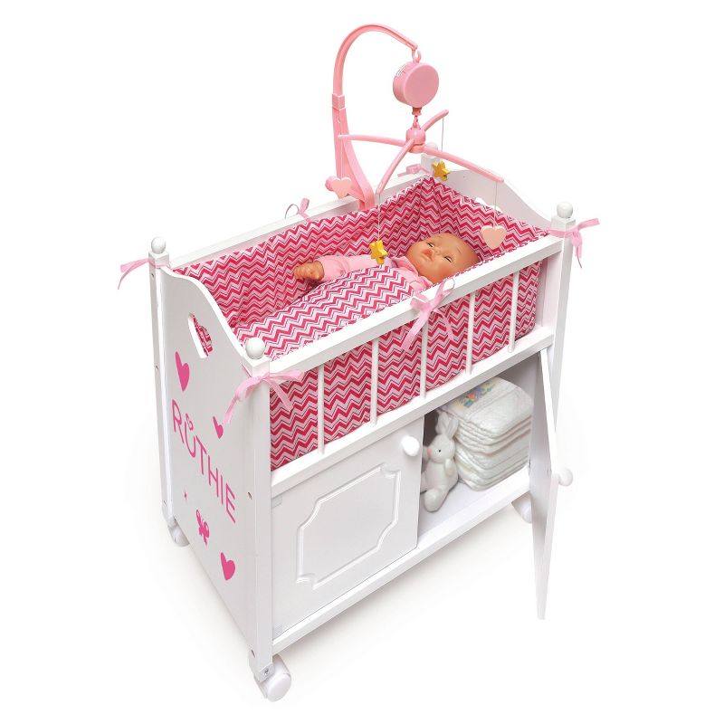Badger Basket Cabinet Doll Crib with Chevron Bedding and Free Personalization Kit - White/Pink