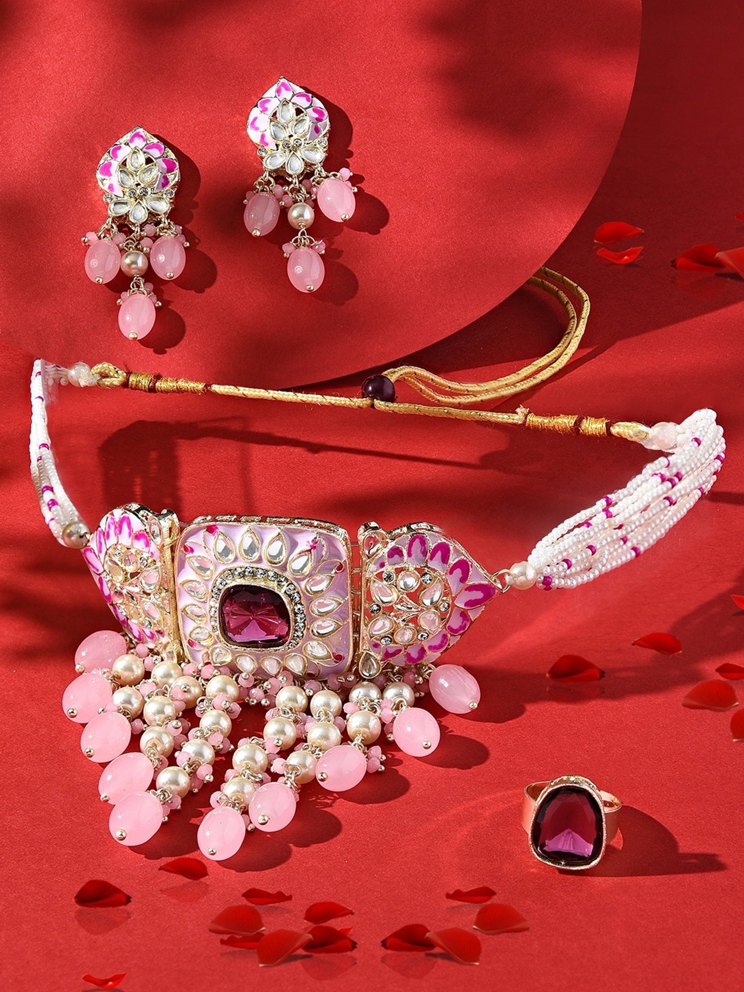 Zaveri Pearls Pink Meenakari Cascading Waterfall Choker Necklace Earring & Ring Set-ZPFK15895