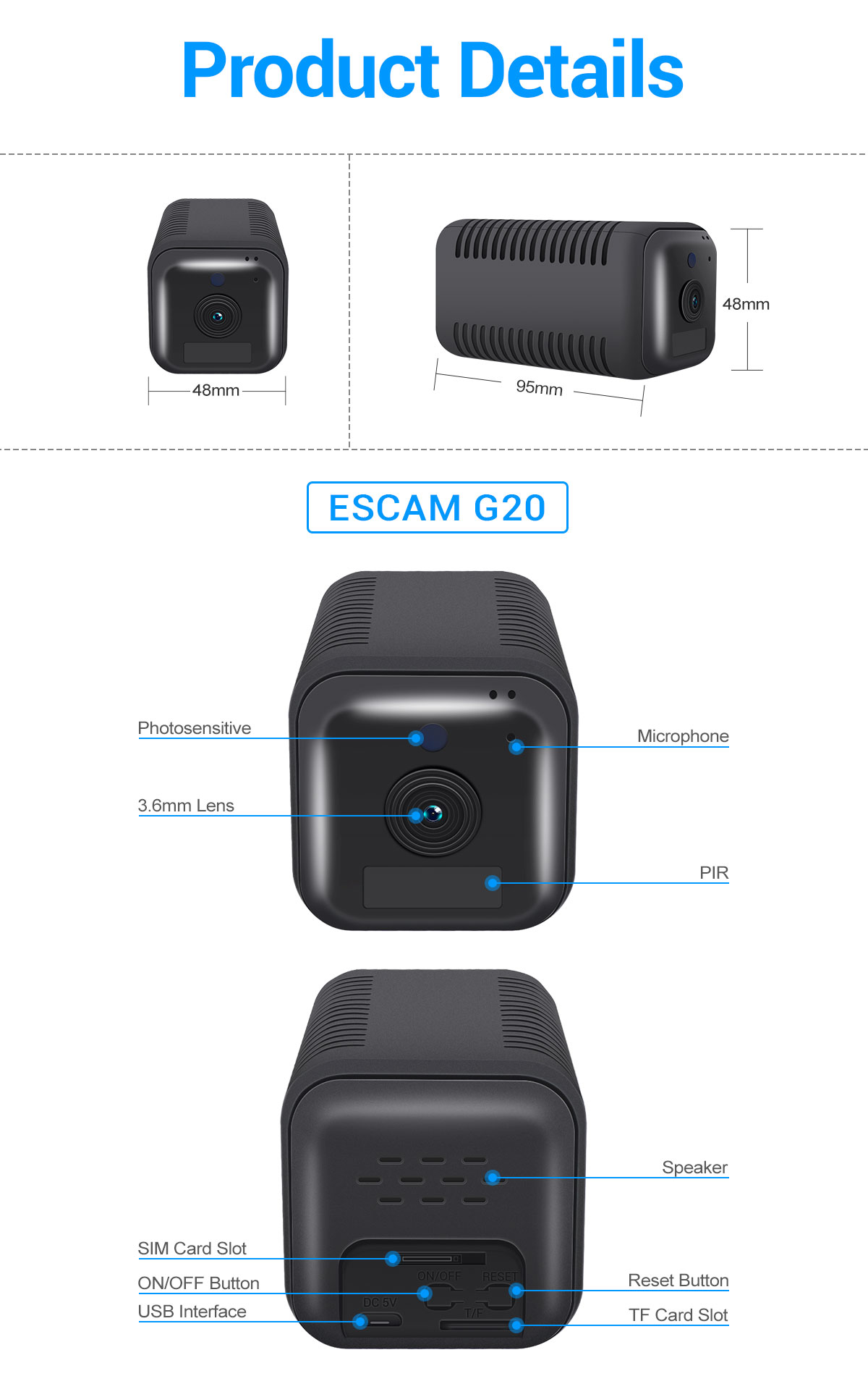 ESCAM G20 1080P Full HD Rechargeable Battery  PIR Alarm 4G Sim Camera With Two Way Audio