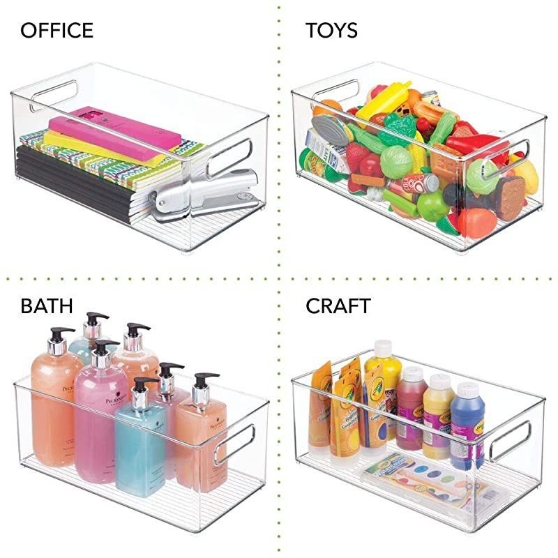 Plastic Storage Bin Container Home Office Desk and Drawer Organizer Tote with Handles Holds Gel Pens Erasers Tape Pens Pencils Markers Envelopes 145 Long 4 Pack Clear