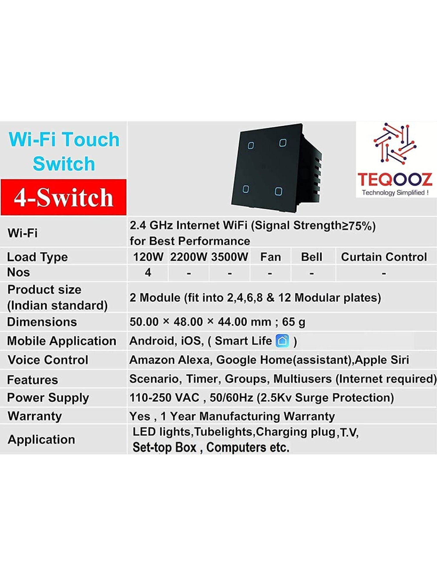 Teqooz 4-Switch Smart Wi-Fi plus Bluetooth Touch Switch 6 Amp Each (Black)