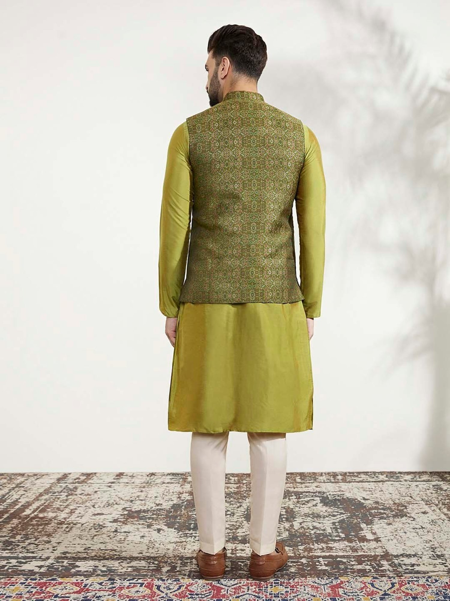 KISAH Olive & Off White Regular Fit Self Design Kurta & Pants With Nehru Jacket