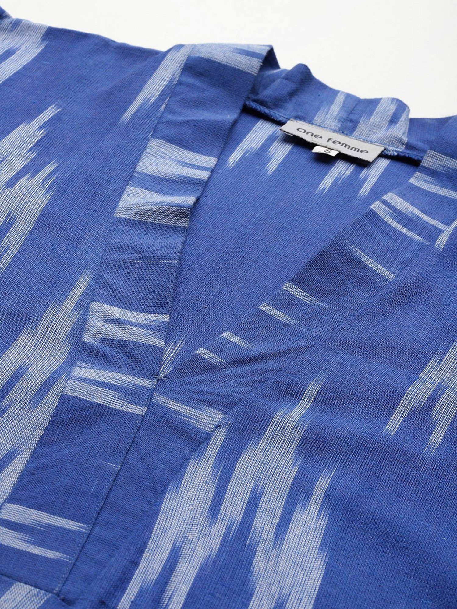 One Femme Blue Cotton Ikat Print Straight Kurta