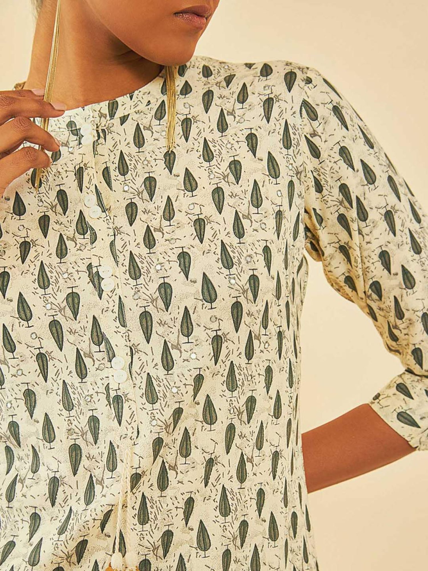 Soch Cream Rayon Botanical Printed Tunic With Tassels