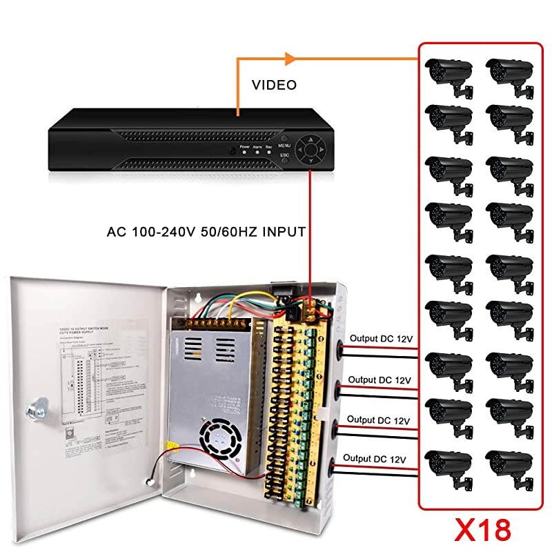 DC Power Supply 9 Channel Port Output 12V 150W CCTV Electrical Box Distributed Power Supply Box with AC Power Line and Key 9CH 125A 150W