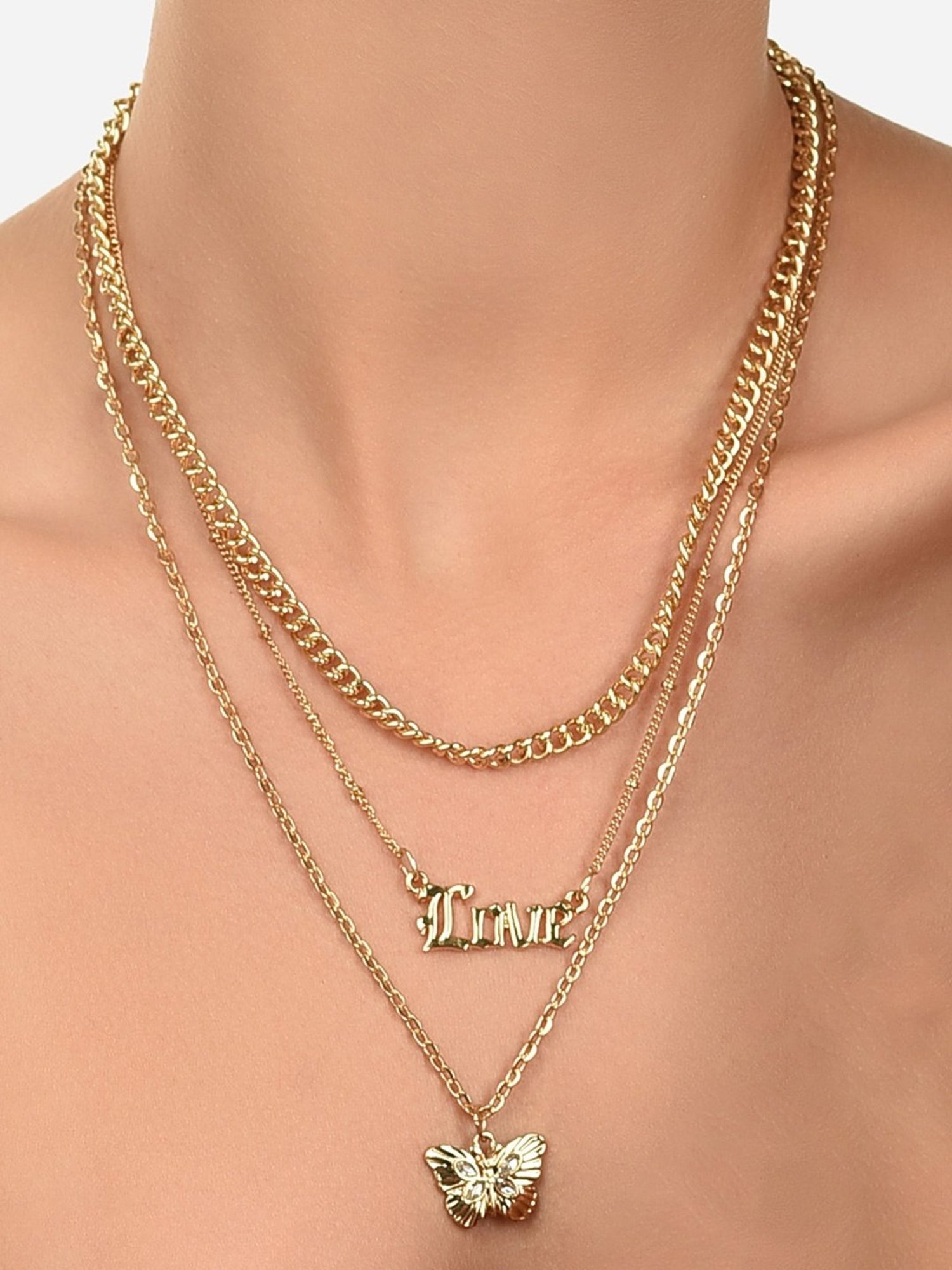 Zaveri Pearls Gold Tone 3 Layers Contemporary Love Butterfly Chain Earring & Bracelet Set-ZPFK12079