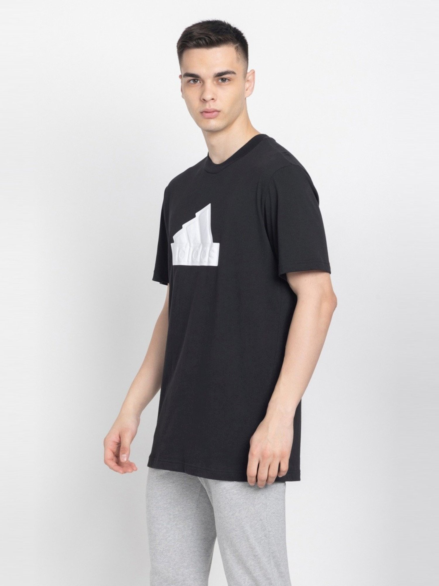 Adidas Black Cotton Loose Fit Printed Sports T-Shirt