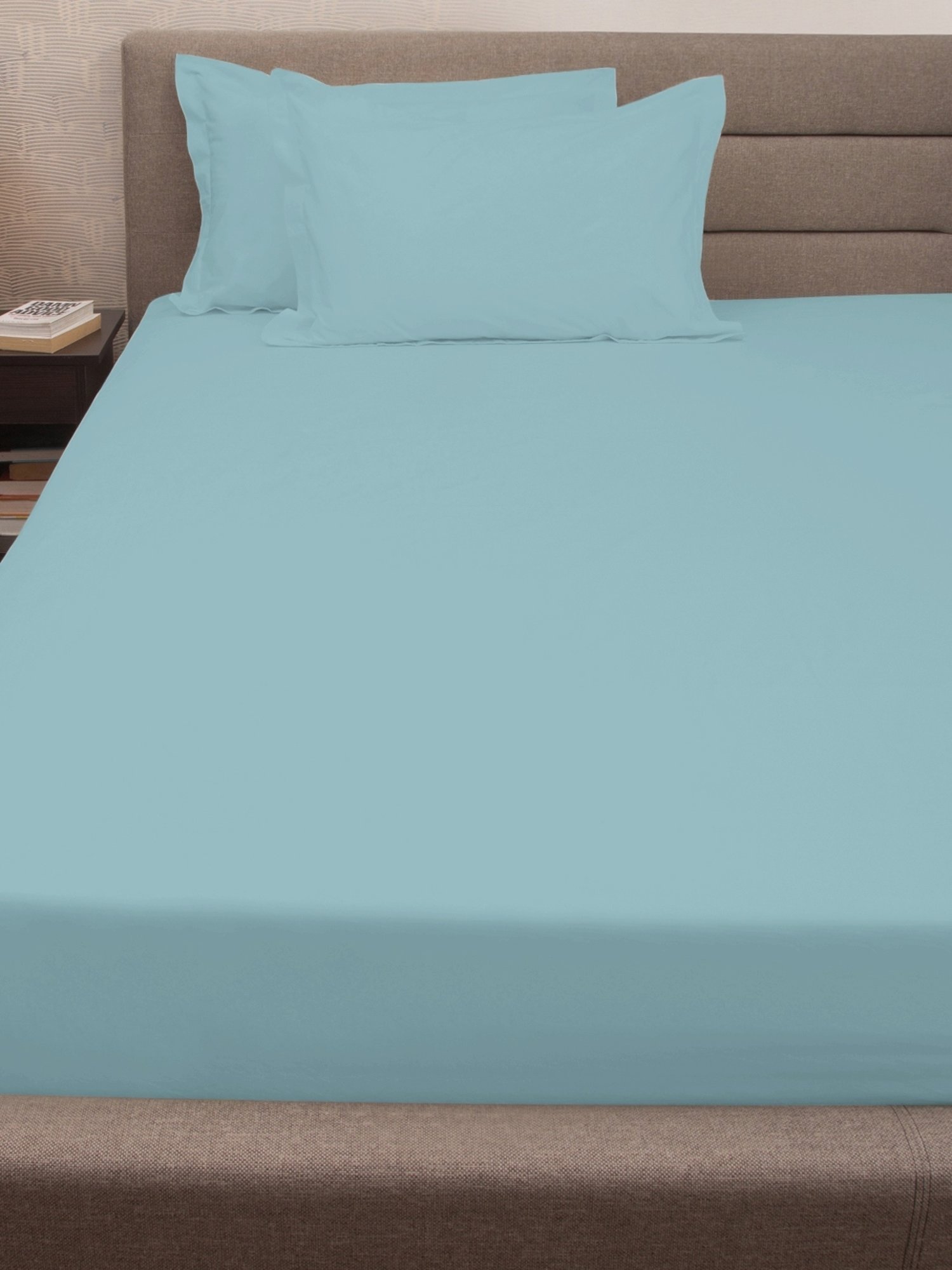 Petal Home Solid Blue 300 TC Cotton Queen Bed Sheet with 2 Pillow Covers