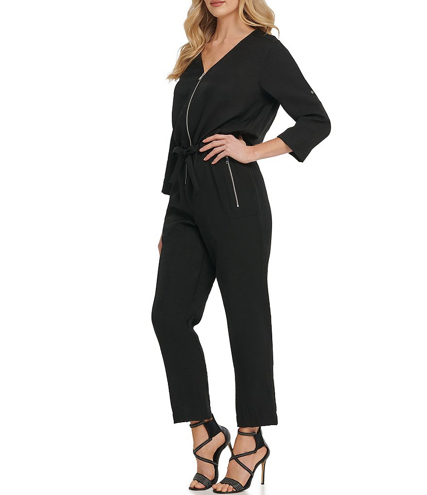 DKNY Washer Satin Twill V-Neck Zip Front Roll-Tab Sleeve Jumpsuit
