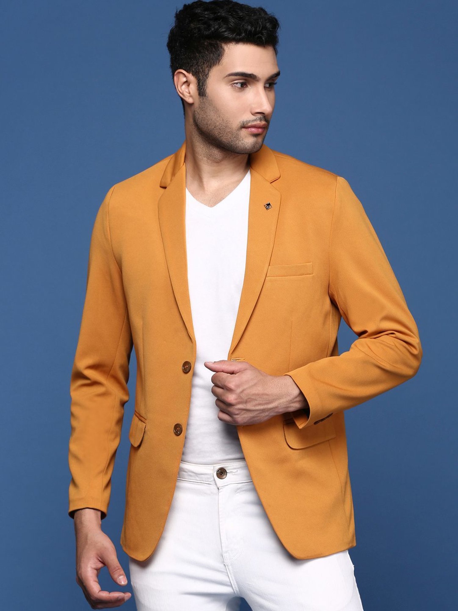 Showoff Mustard Cotton Slim Fit Blazer