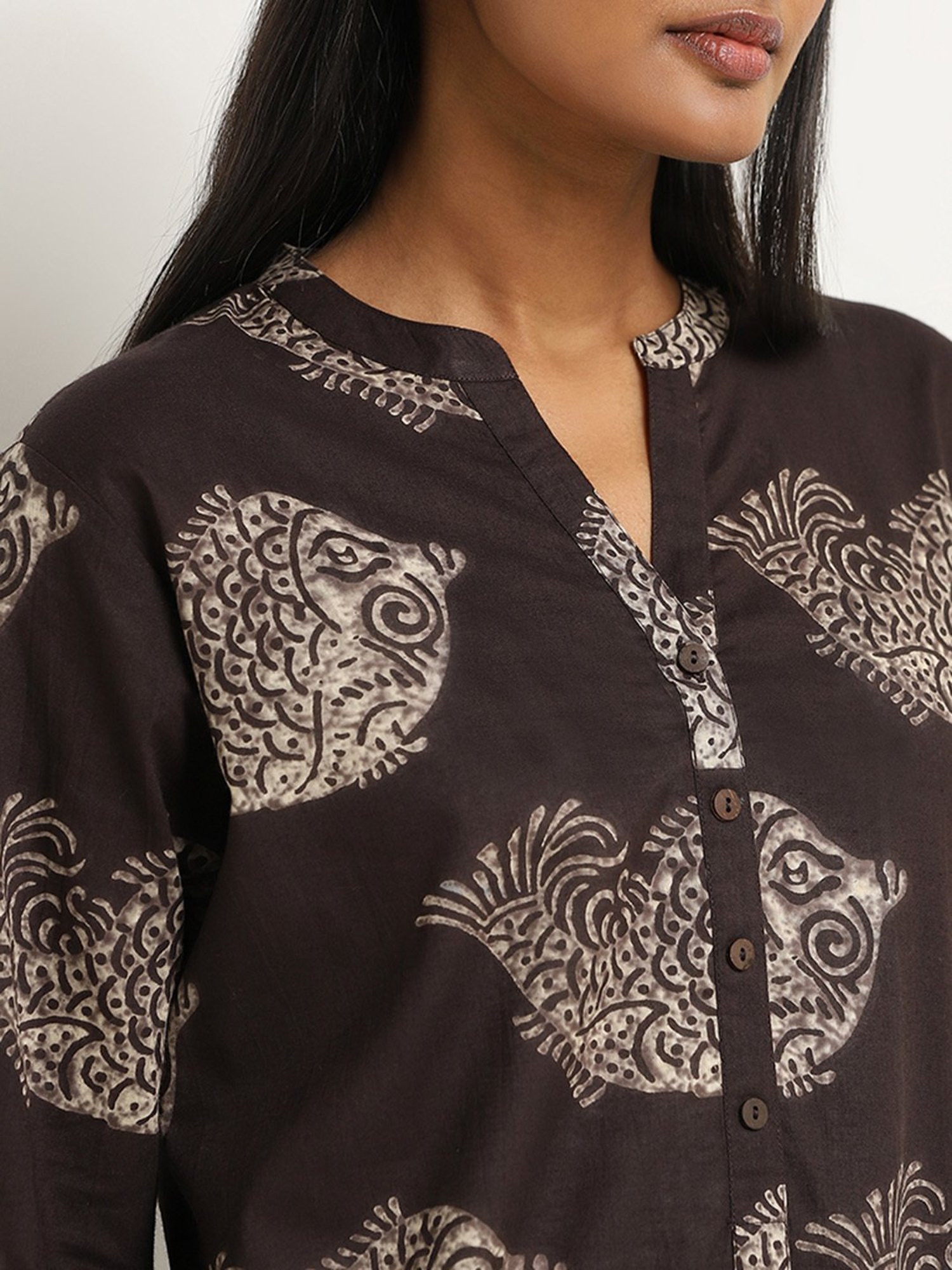 Utsa by Westside Dark Brown Fish Print Straight Cotton Kurta