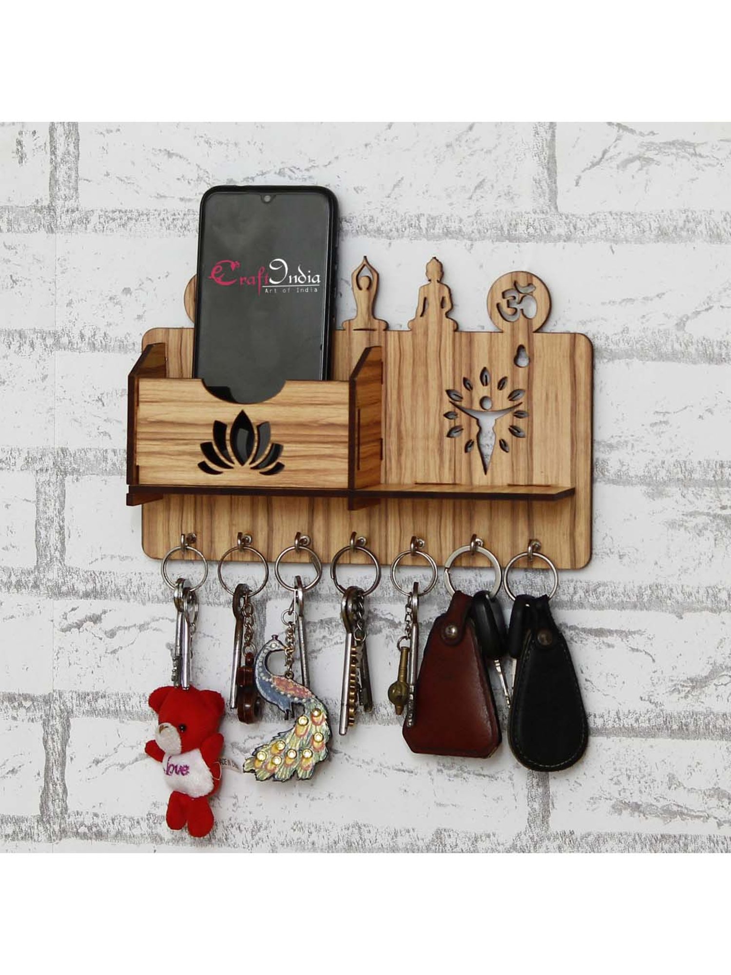 eCraftIndia Yoga Theme Multiutility 7 Hooks Wooden KeyHolder