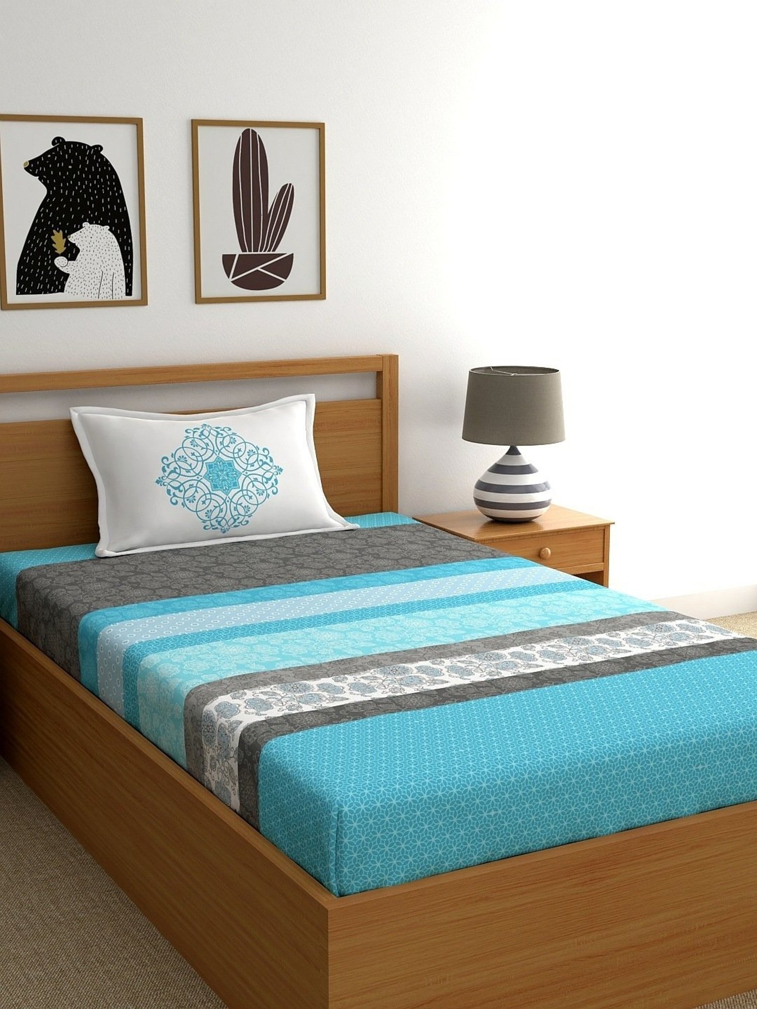 My Room Floral Light Blue 140 TC Cotton Single Bed Sheet with 1 Pillow Cover