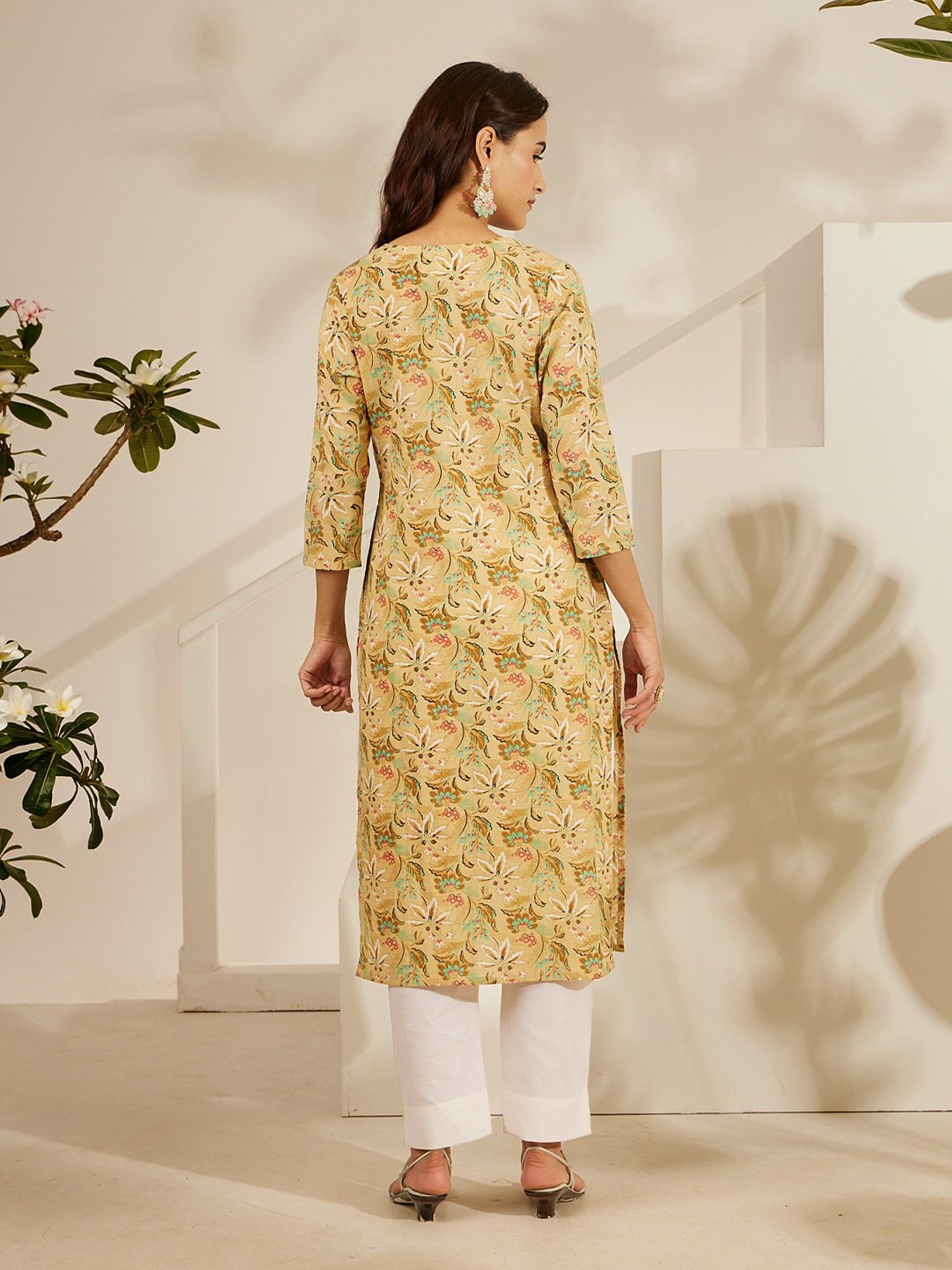 Daali Beige Cambric Basics Round Neck 3/4 Sleeves Kurta with Two Pockets