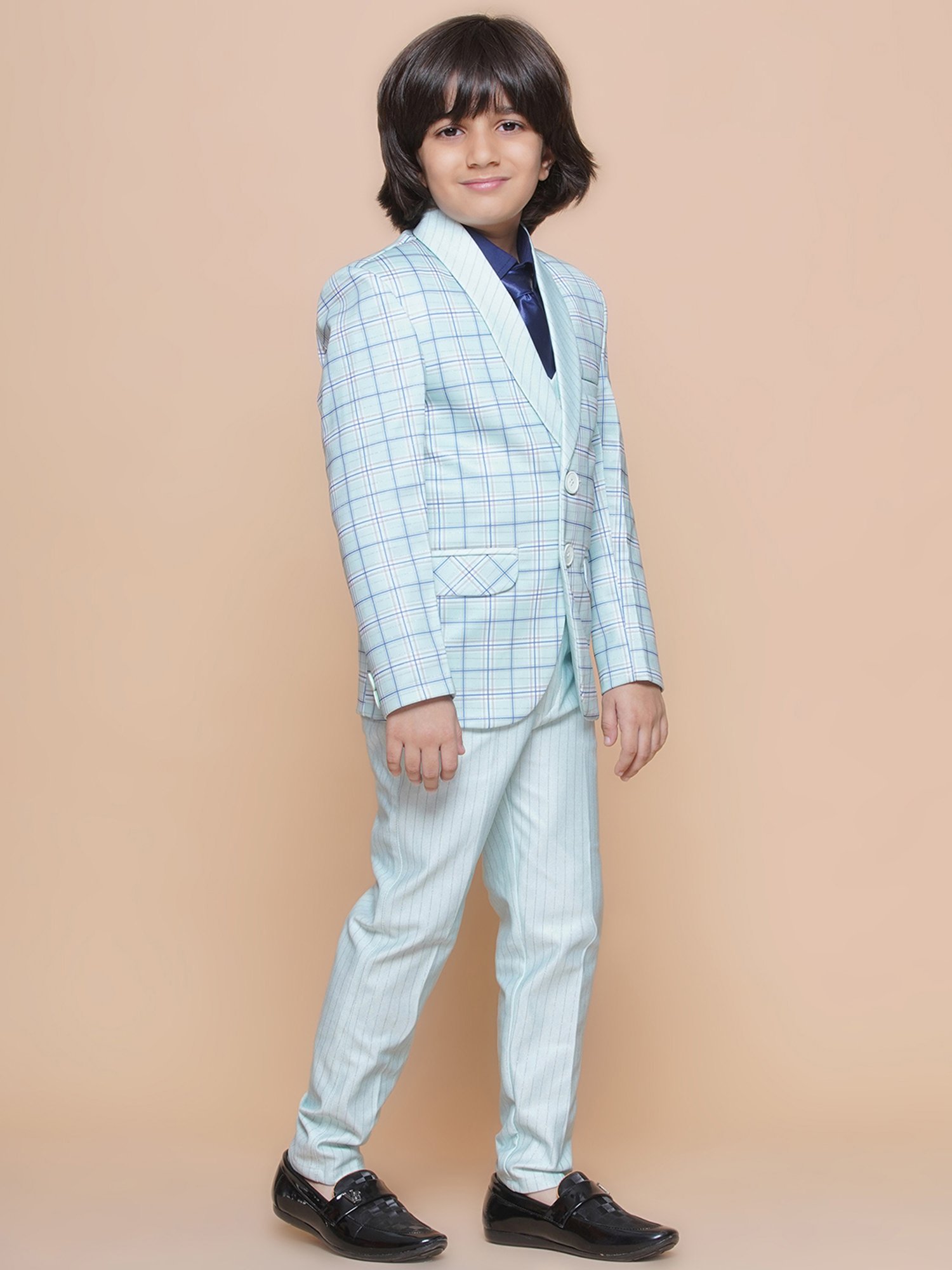 AJ Dezines Kids Sky Blue Checks Full Sleeves Shirt, Pants, Coat, Waistcoat with Tie