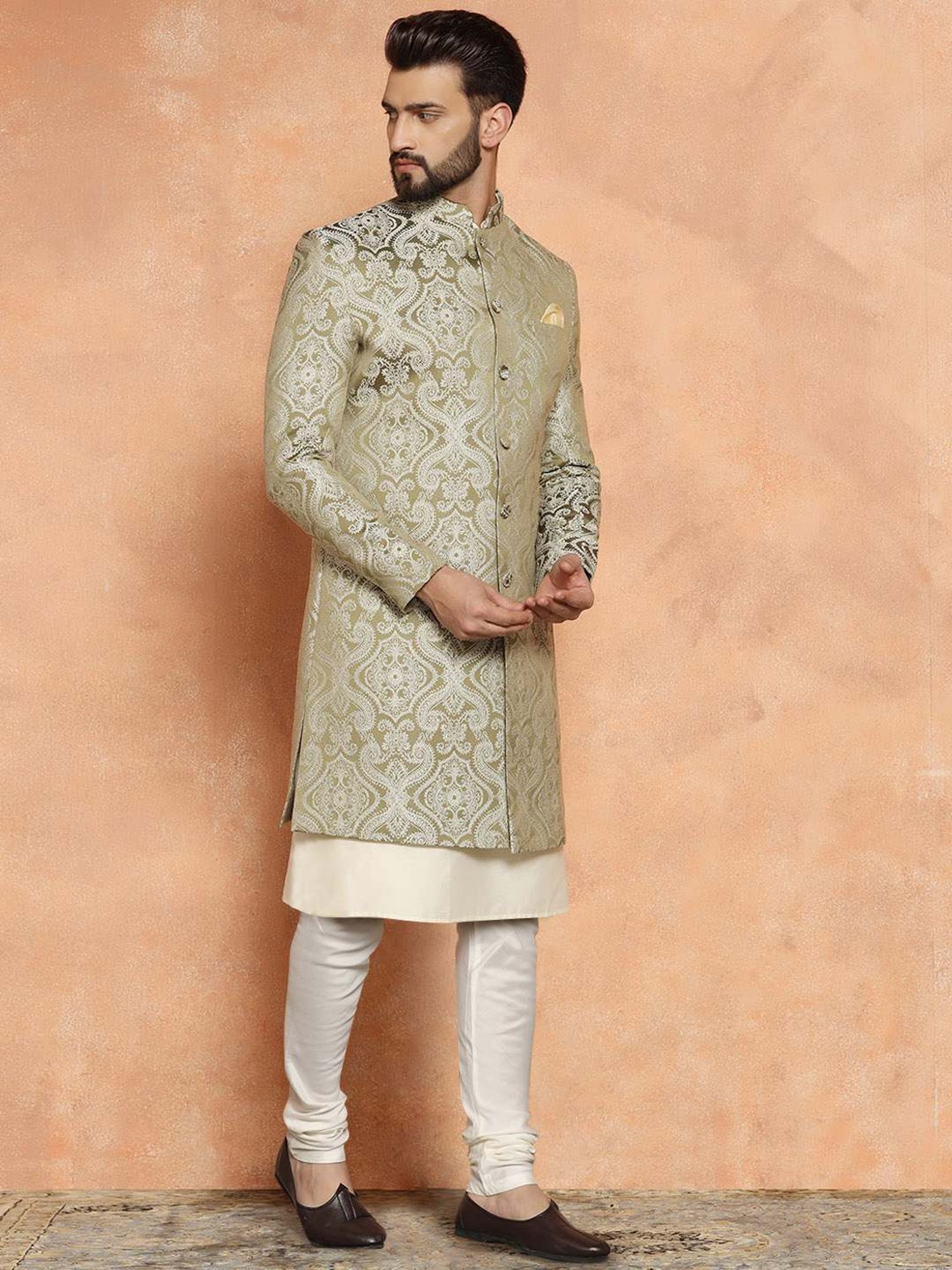 Kisah Beige & Green Regular Fit Jacquard Sherwani Set