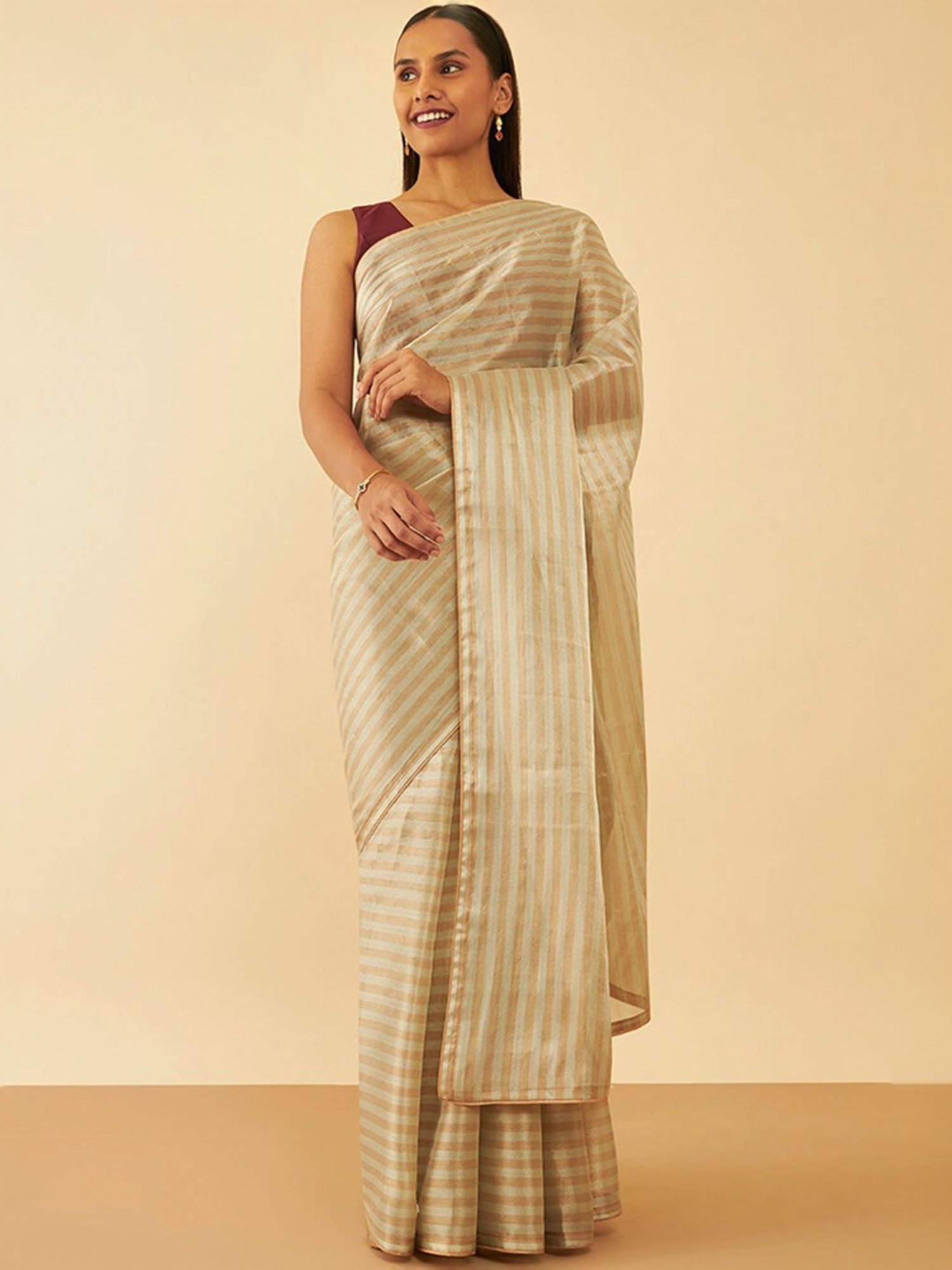 Taneira Beige Striped Saree With Unstitched Blouse