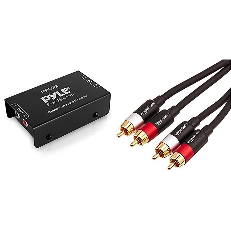 Phono Turntable Preamp - Mini Electronic Audio Stereo Phonograph Preamplifier & Low Noise Operation Powered by 12 Volt DC Adapter - PP999 &  Basics 2-Male to 2-Male RCA Audio Cable - 4 Feet