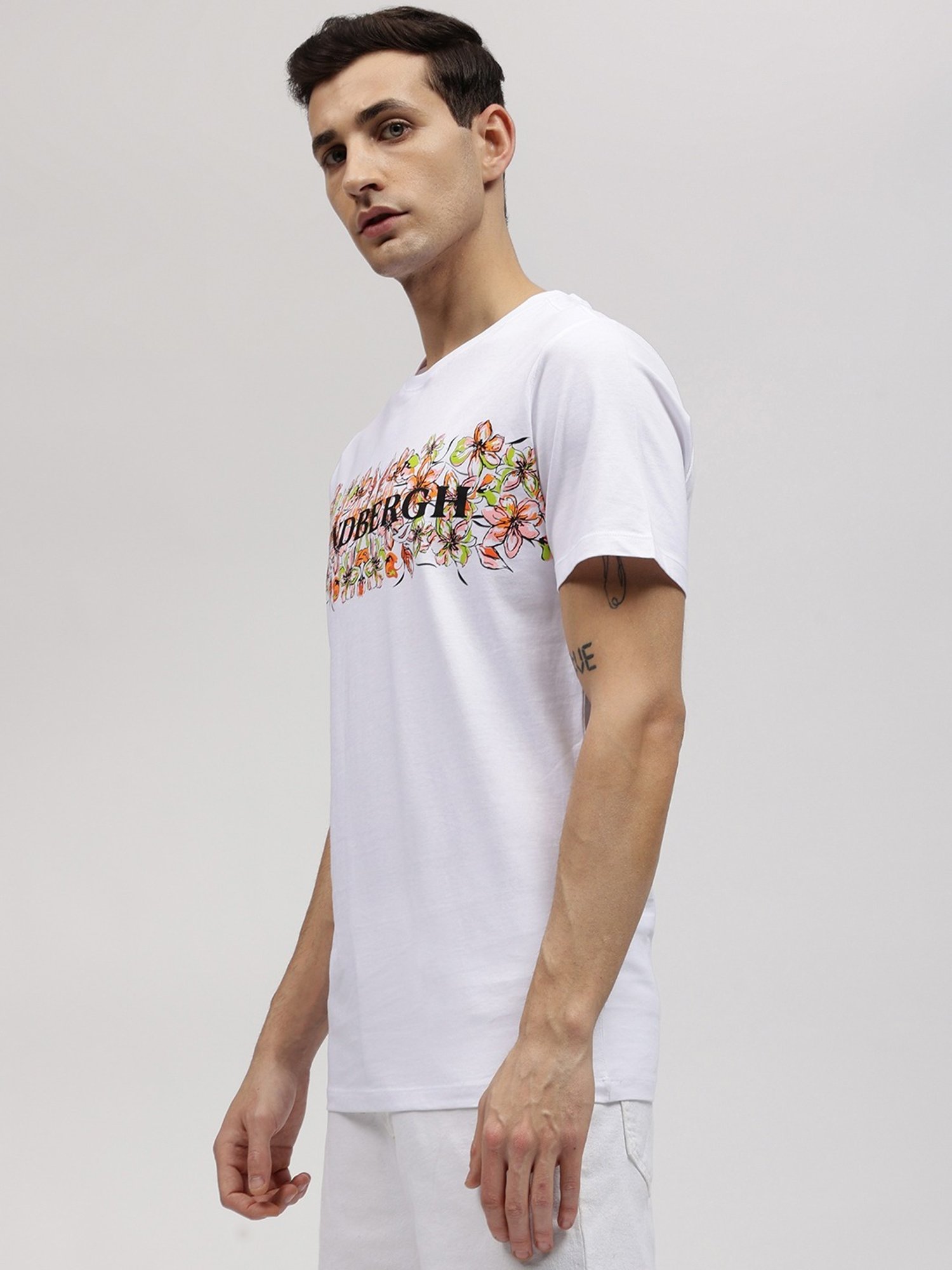 Lindbergh White Cotton Regular Fit Printed T-Shirt