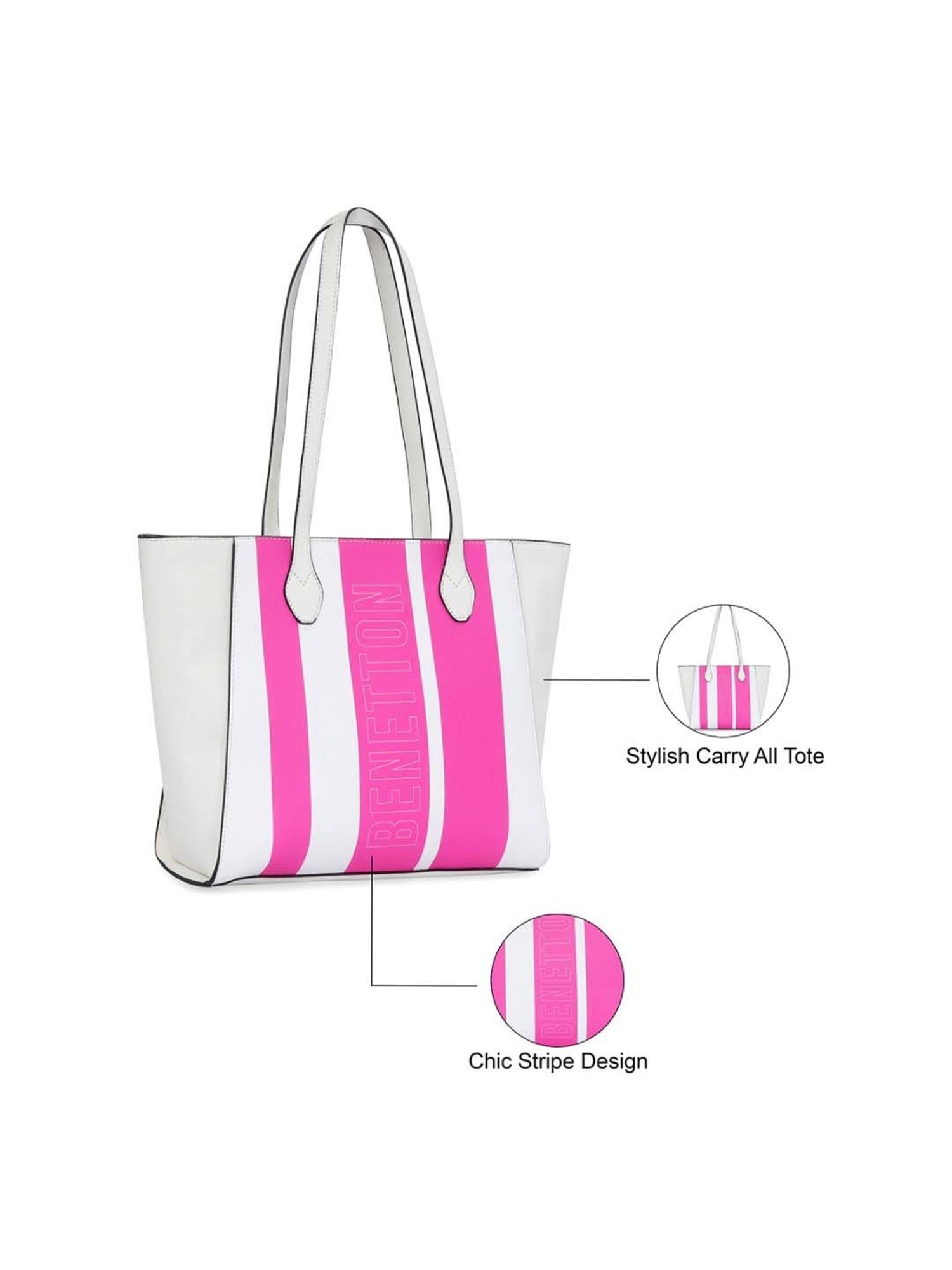United Colors of Benetton Alize White Striped Tote Handbag