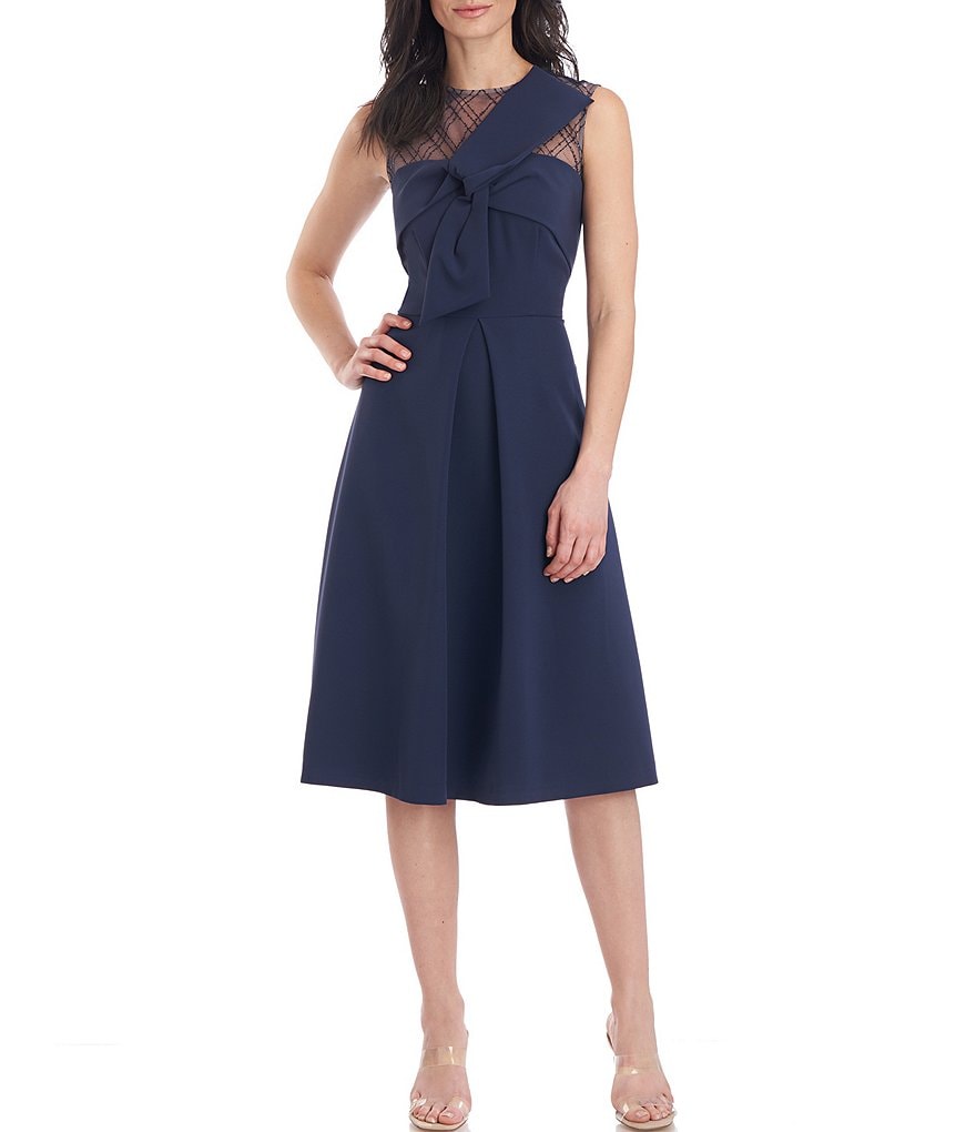 JS Collections Reille Illusion Yoke Stretch Crepe Crew Neck Bow Detail Sleeveless Dress