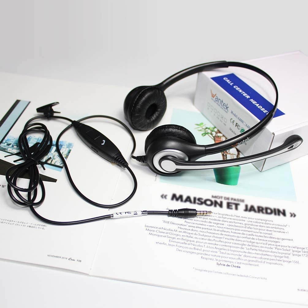 Wantek Wired Cell Phone Headset Dual with Noise Canceling Mic 3.5mm Phone Headset for iPhone Samsung Galaxy Huawei HTC LG ZTE BlackBerry Mobile Phone iPad Tablet Laptop Mac PC Skype(F602J35)