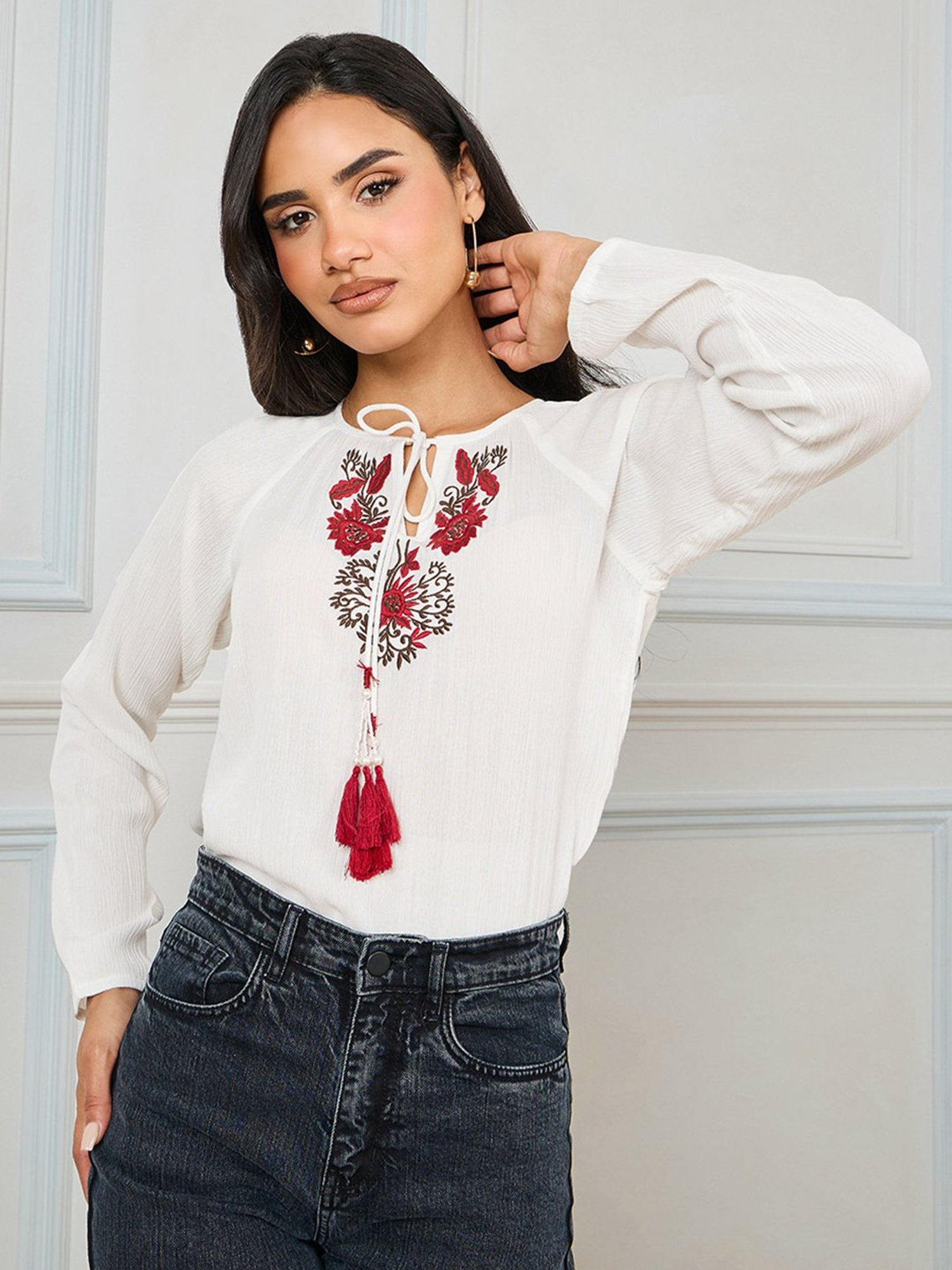Styli Off White Embroidered Top