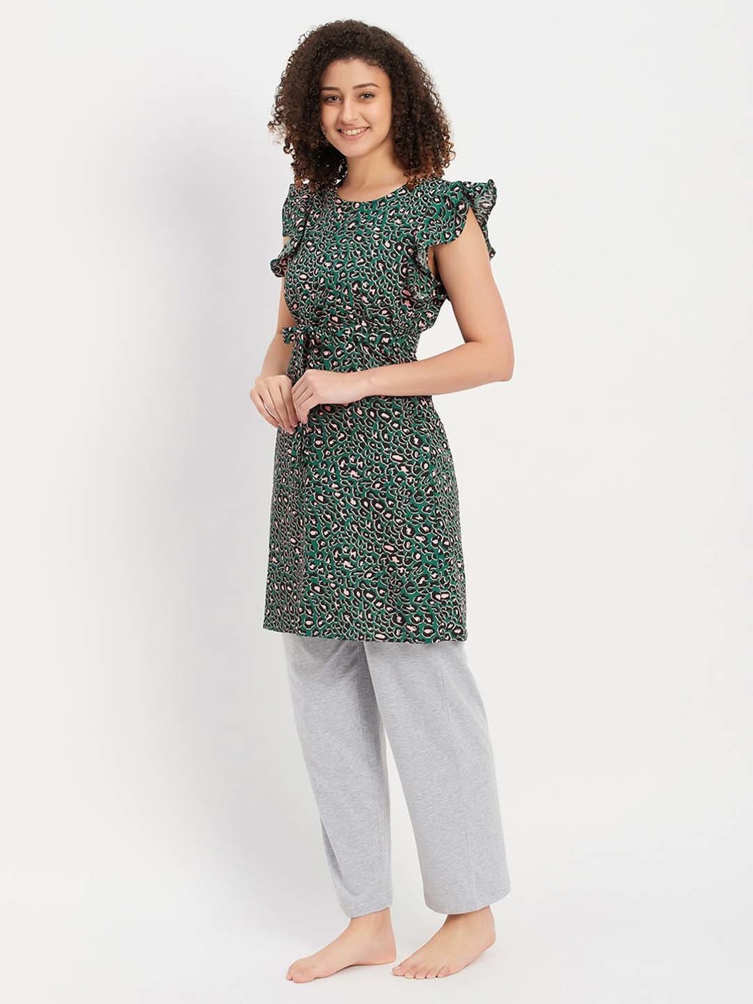 Clovia Green & Grey Printed Night Dress Pyjamas Set