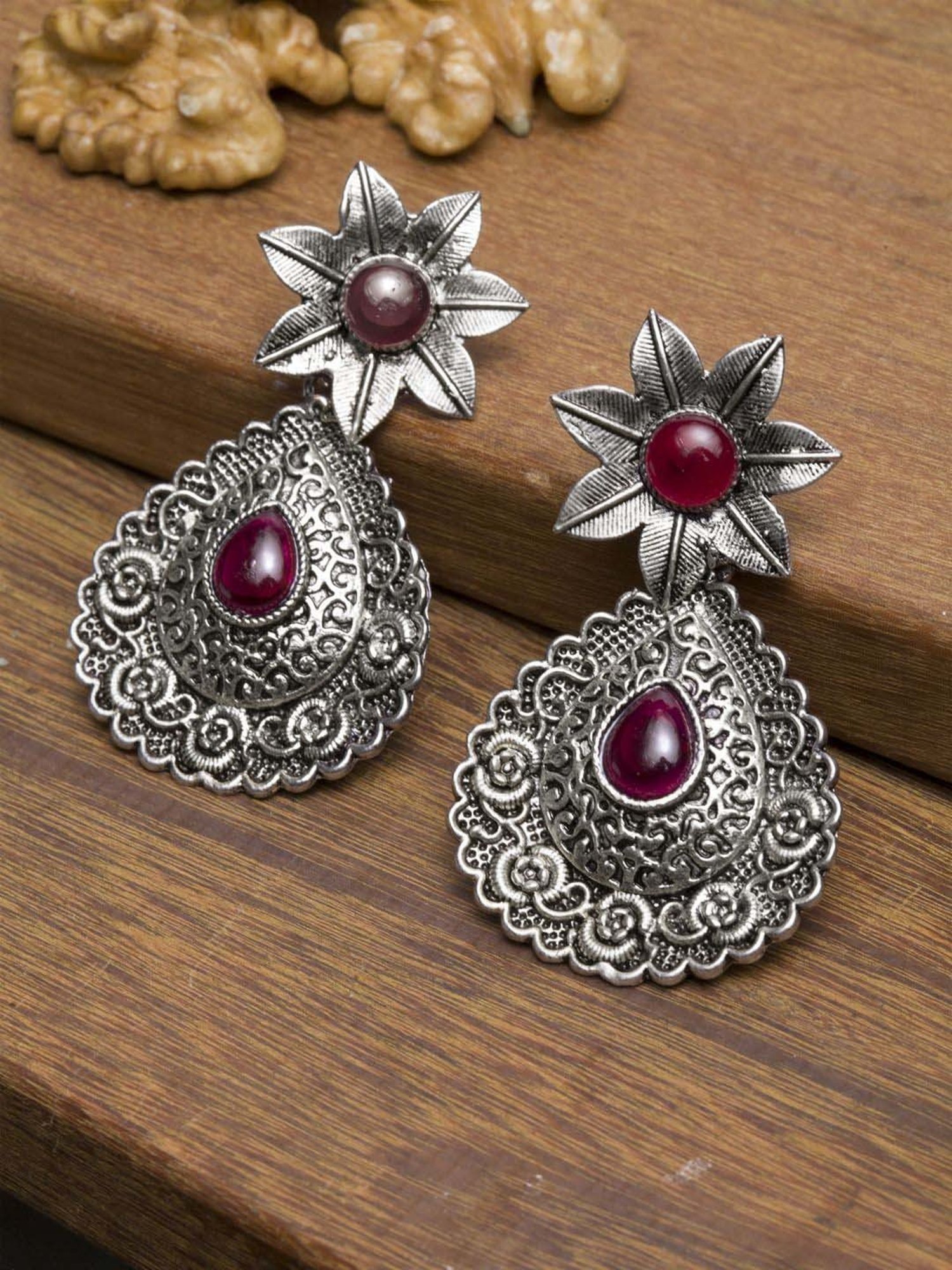 Panash Oxidized Silver-Plated Stone Studded Peacock Shaped Dangler Earrings
