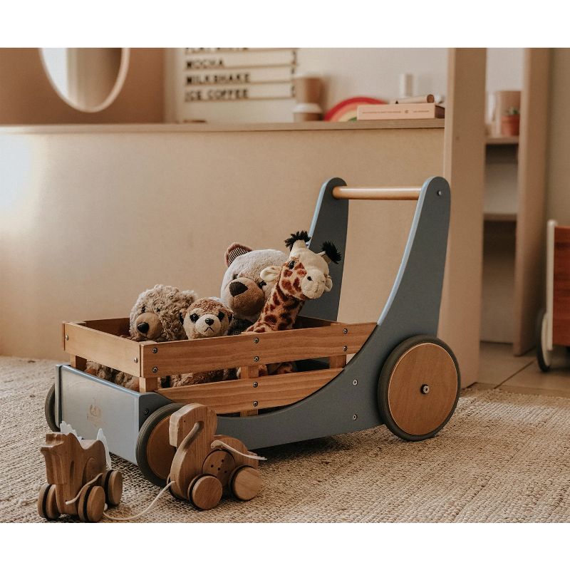 Kinderfeets 2-in-1 Wooden Cargo Push Walker Wagon for Children and Toddlers with Rubber Wheels, Blue