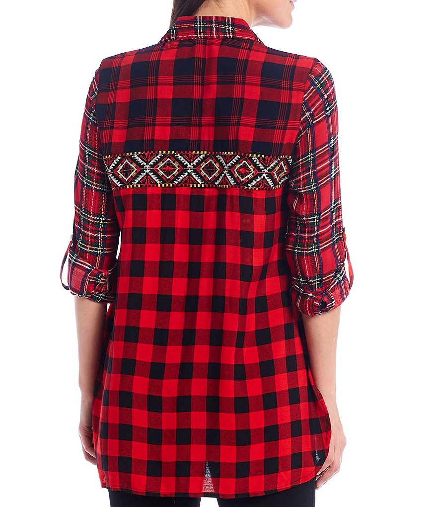Calessa Petite Size Tartan Plaid Patchwork Embroidery Shirt