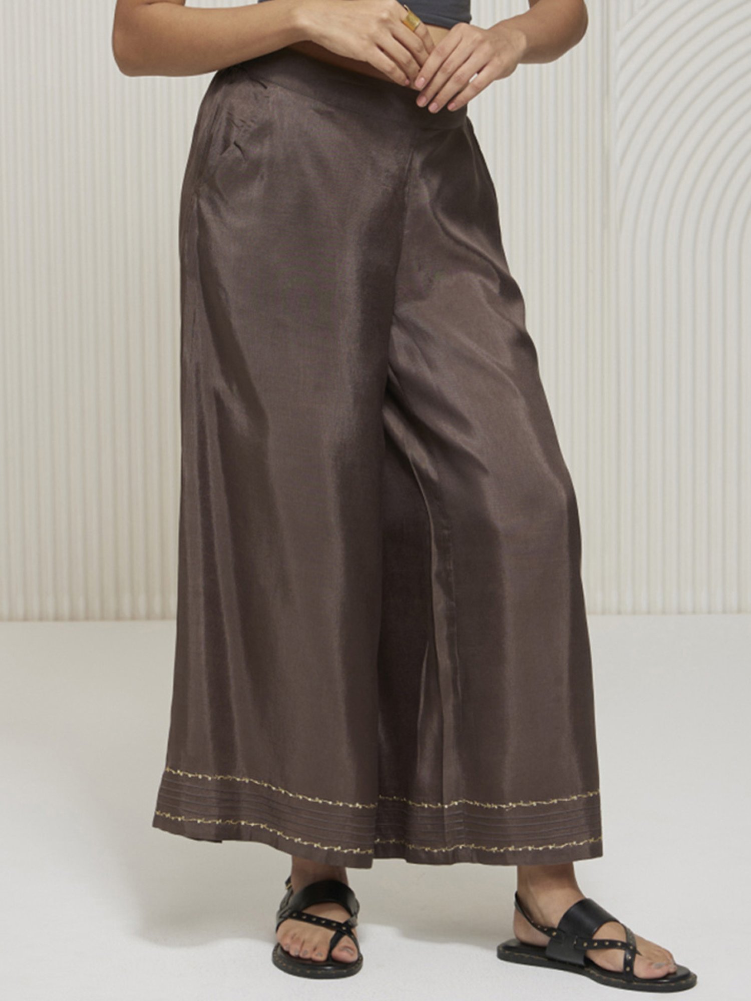 Artagai Granite Grey Elevated Basics Palazzo with Pin Tucks and Embroidery At Hemline