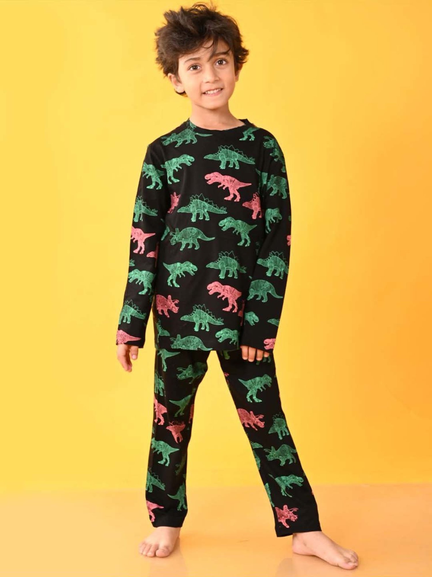 Anthrilo Kids Black Cotton Printed Full Sleeves T-Shirt & Trouser