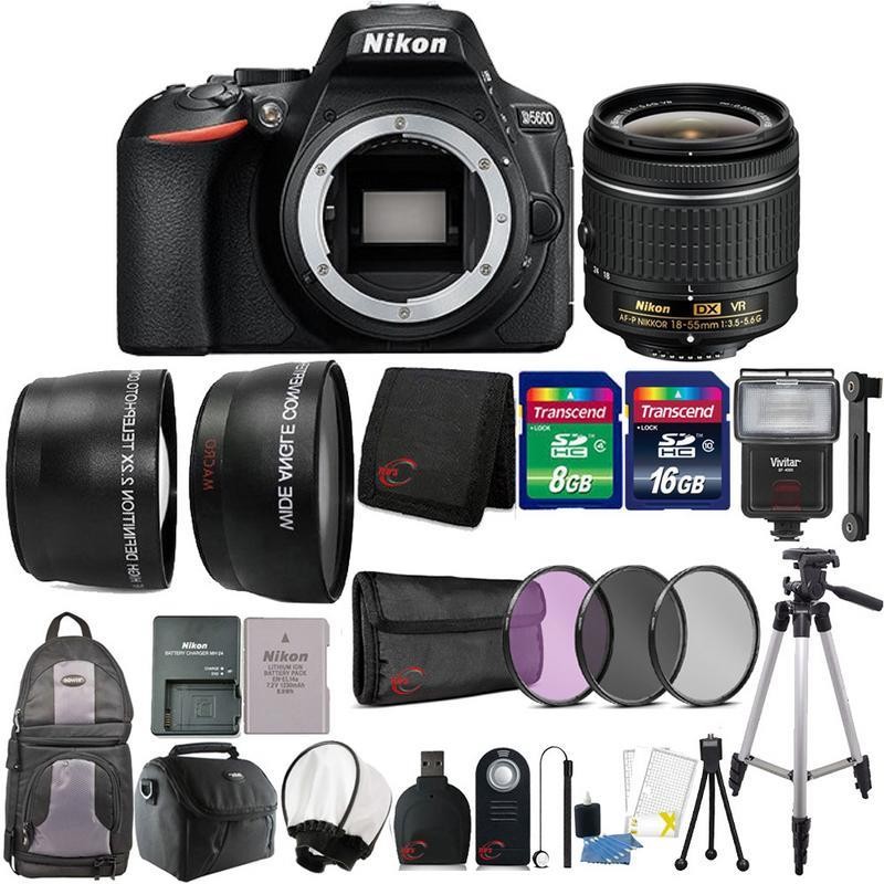 Nikon D5600 24.2MP DSLR Camera Nikon 18-55mm VR AF-P DX Nikkor Lens + Bounce Zoom Slave Flash with Backpack, Memory Card, Filters, and More (International Version)