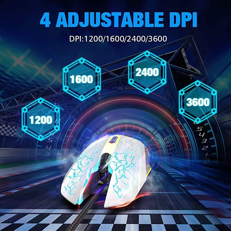Wired Gaming Mouse, Ergonomic USB Optical Mouse Mice with Chroma RGB Backlit, 1200 to 3600 DPI for Laptop PC Computer Games & Work &ndash; White