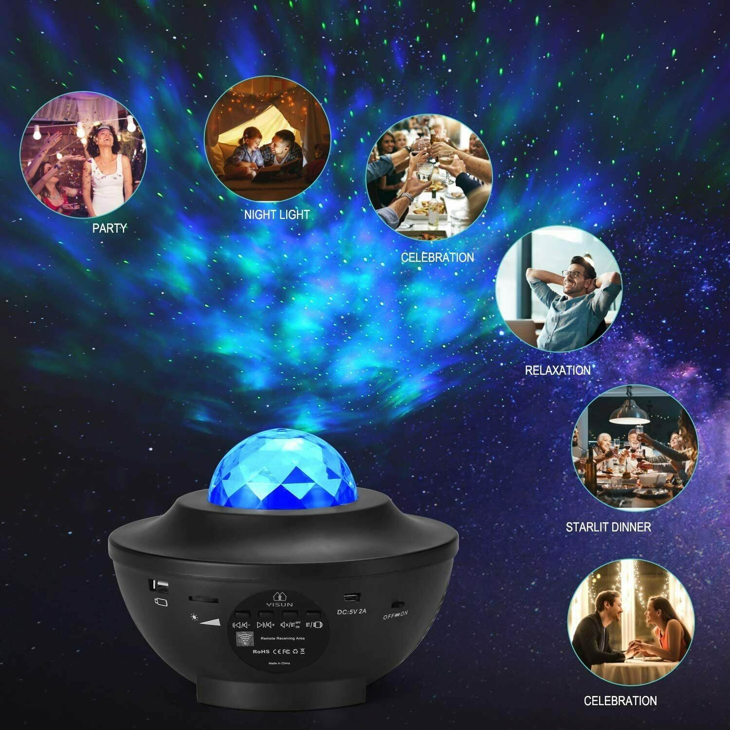 US LED Starry Night Sky Projector Lamp Ocean Wave Star Light Room Romantic Decor