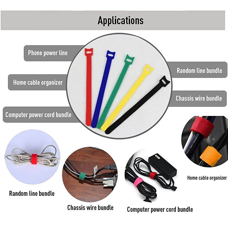 AA204 50 PCS Reusable Fastening Cable Ties Microfiber Cloth 6Inch Hook and Loop Cord Ties Multicolor