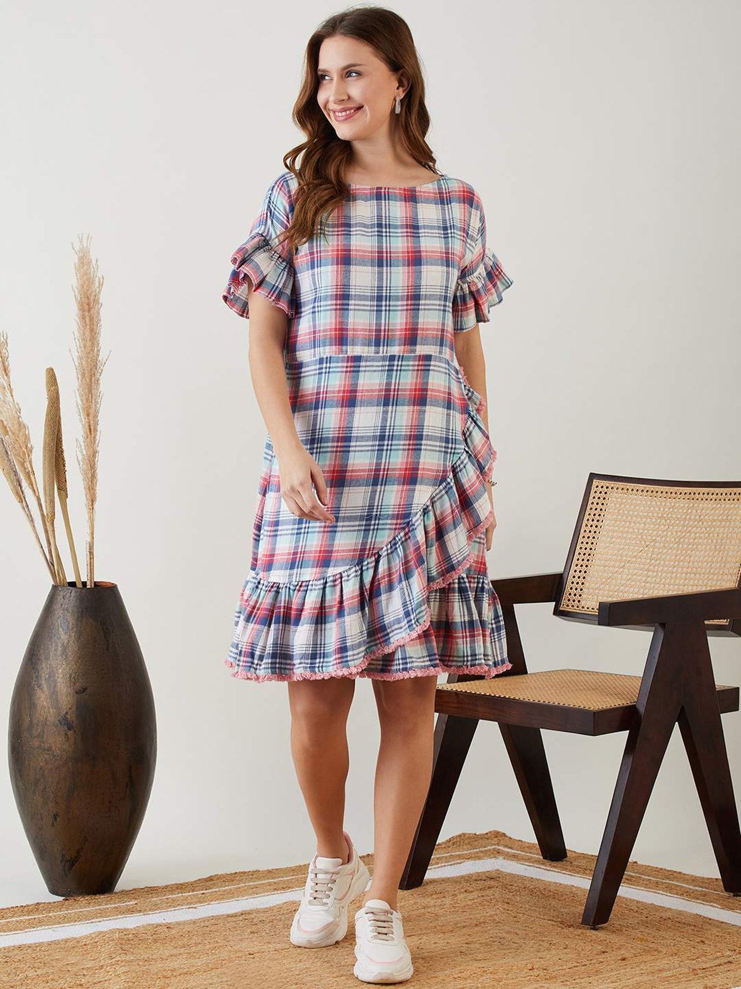 The Kaftan Company Pink Cotton Chequered A-Line Dress