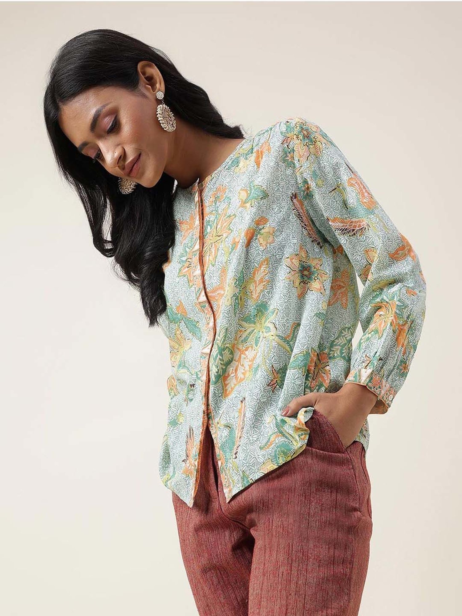 Fabindia Green Cotton Floral Print Top