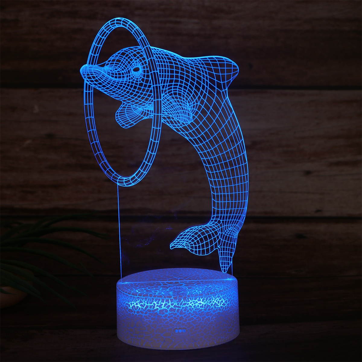 3D Visual Light Dolphin Through Ring Illusion Light USB Acrylic Touch Switch Cracked Pattern Base LED Colorful Lamp Desktop Ornament (White/Gradient Color)