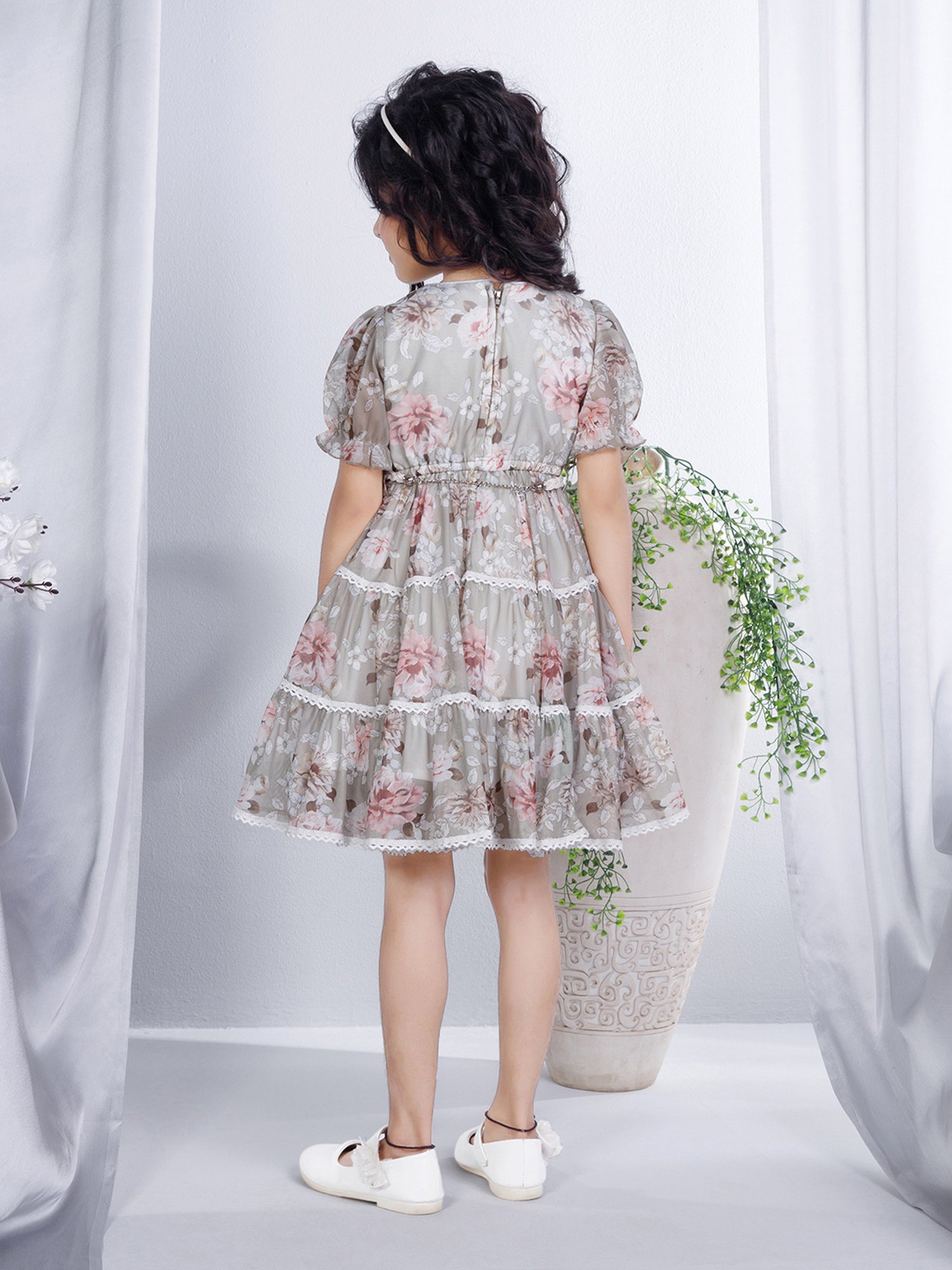 Peppermint Kids Light Grey Floral Print Dress