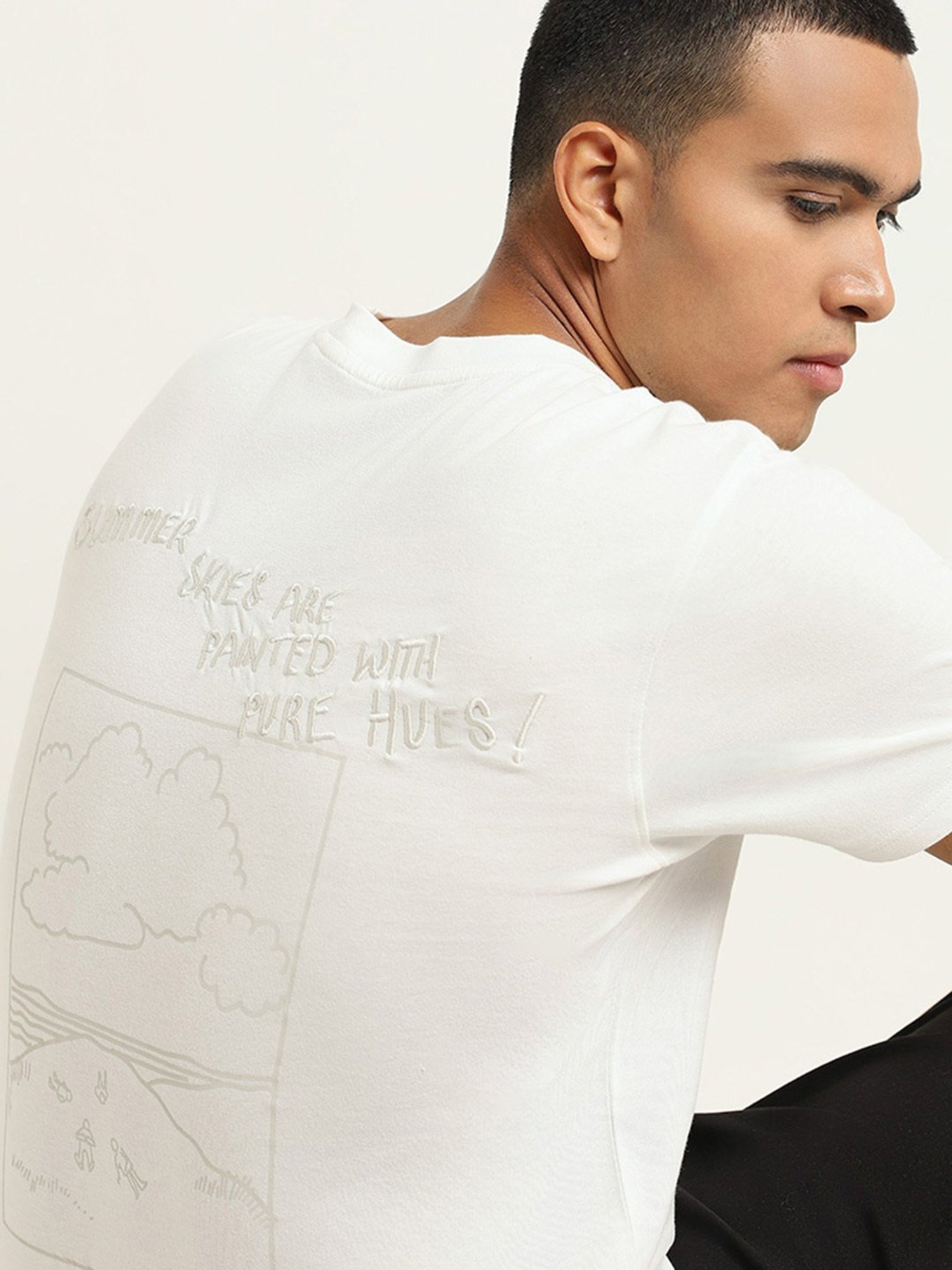 Nuon by Westside White Embroidered Slim Fit T-Shirt