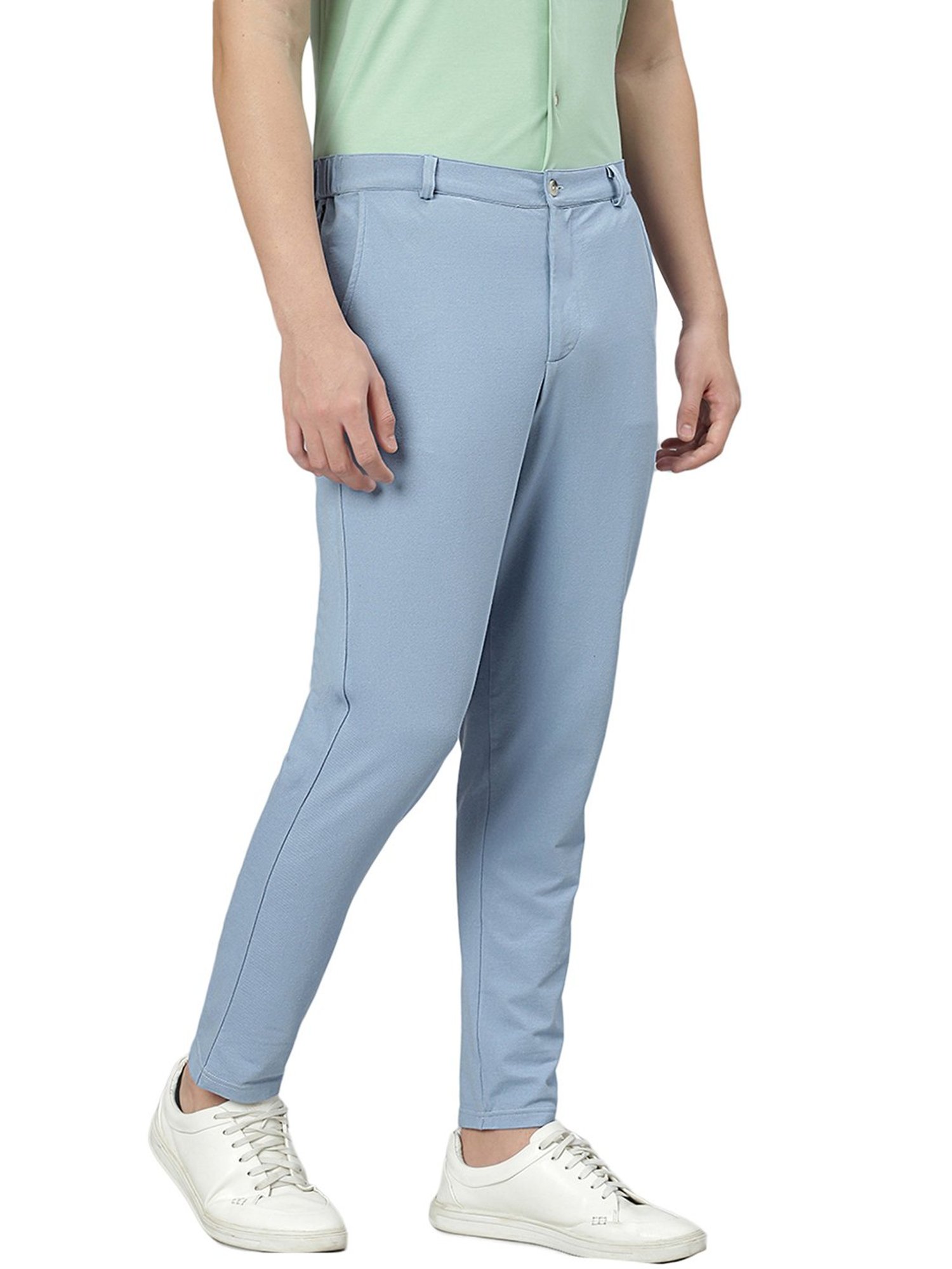 Slowave Sky Blue Regular Fit Denim Flat Front Trousers