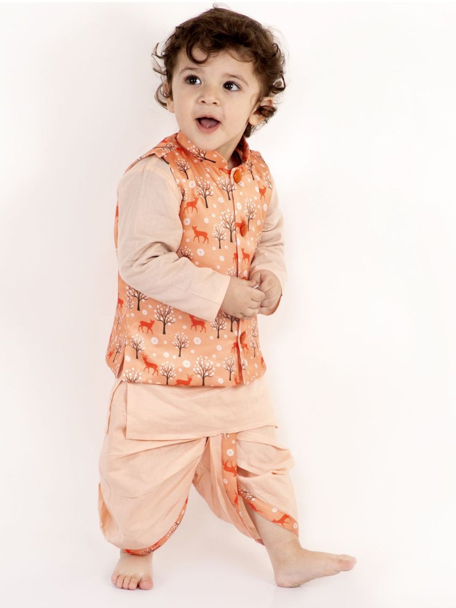 Little Bansi Kids Peach Cotton Printed Kurta Set