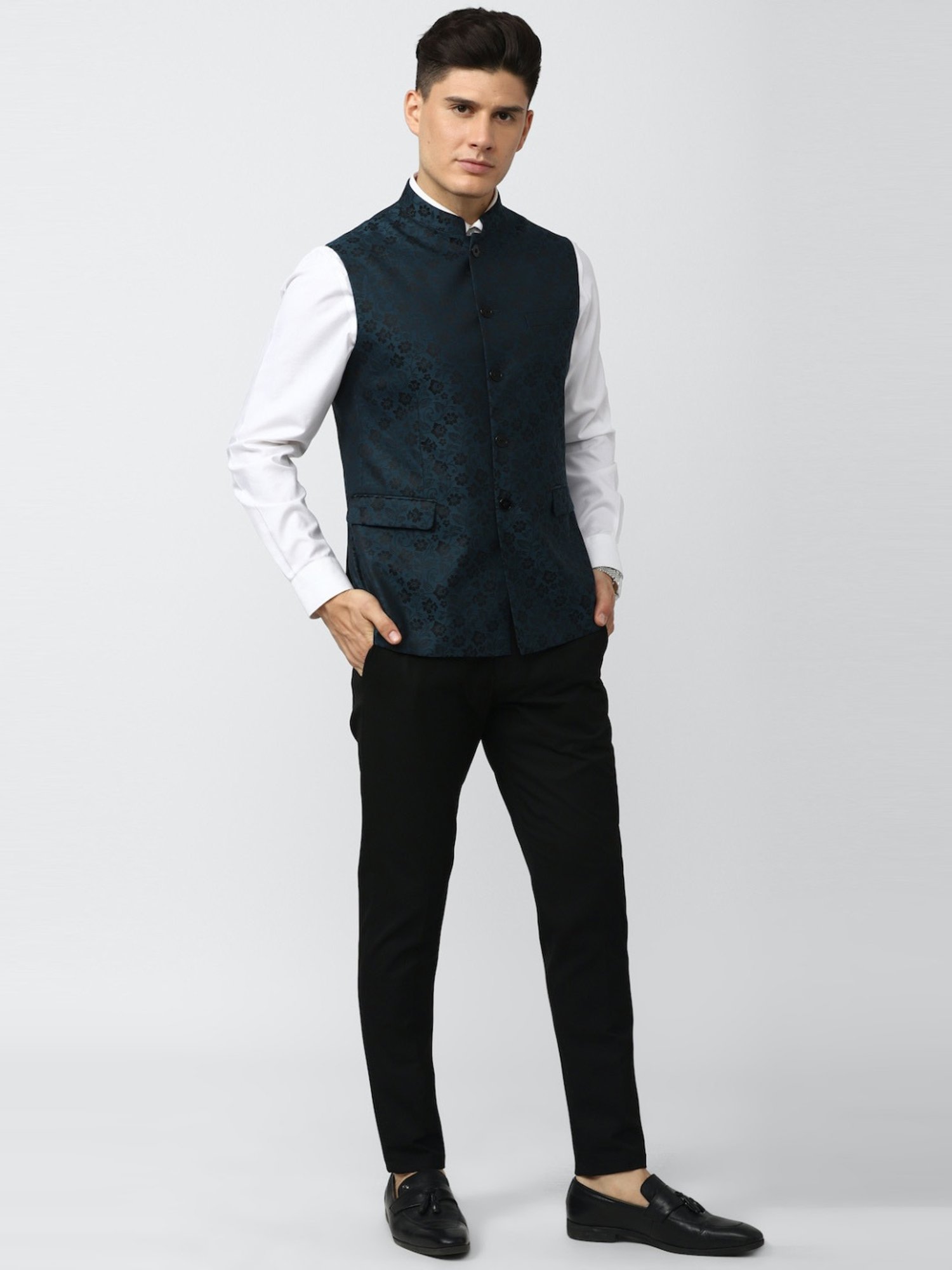 V Dot Navy Slim Fit Printed Nehru Jacket