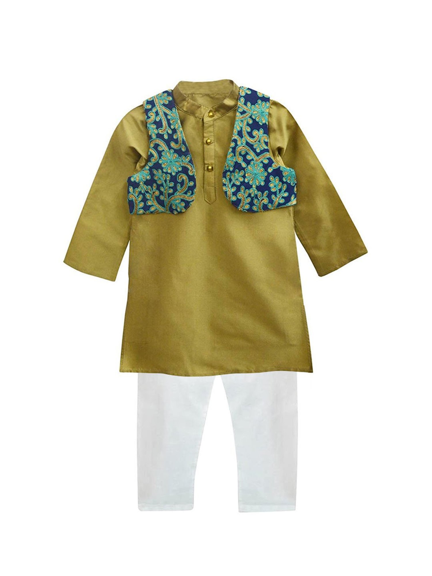 A.T.U.N. Gold & White Embroidered Full Sleeves Kurta with Jacket & Pyjamas